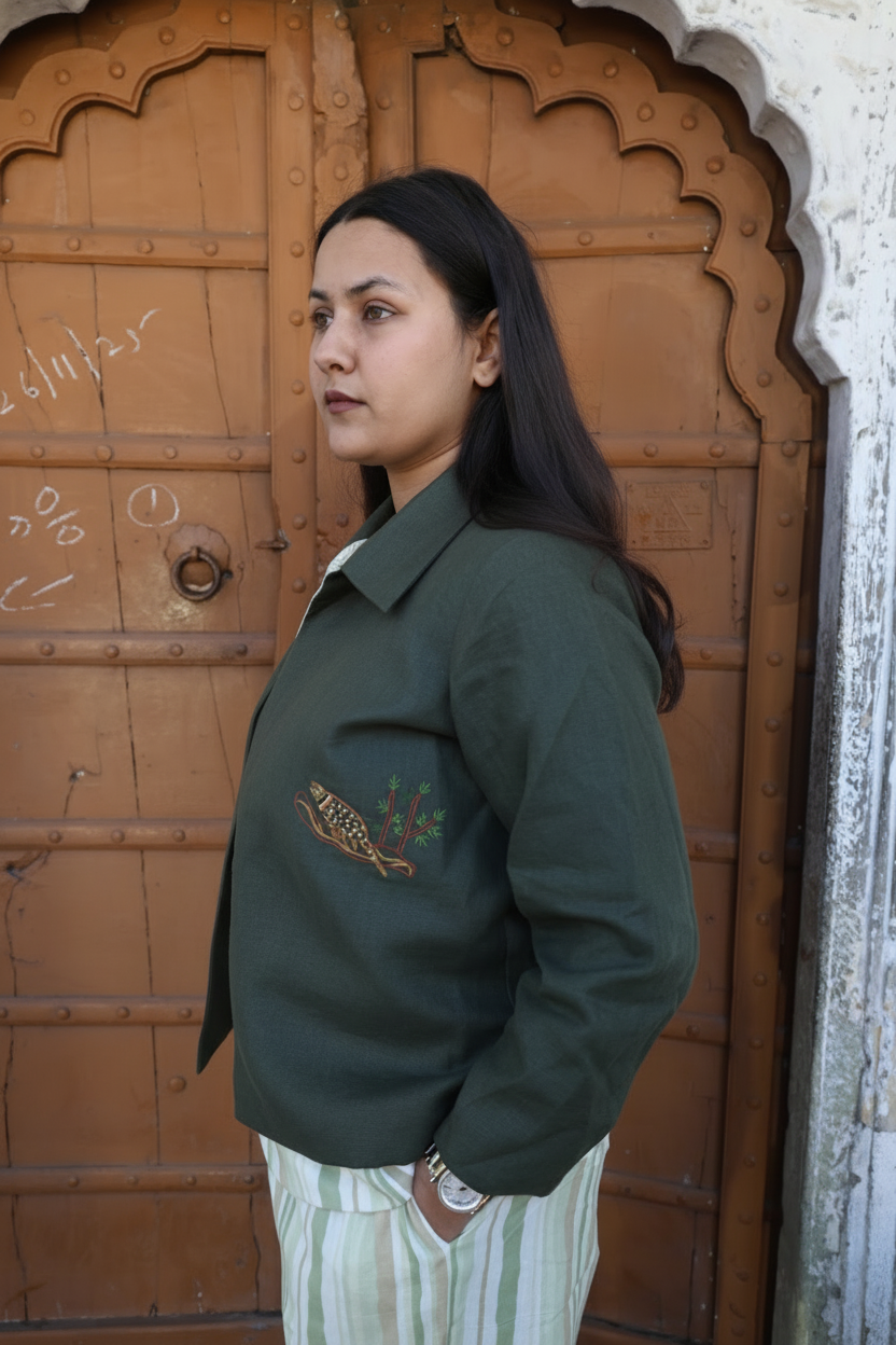 Reversible Linen Jacket with Tribal Hand-Embroidered Motifs