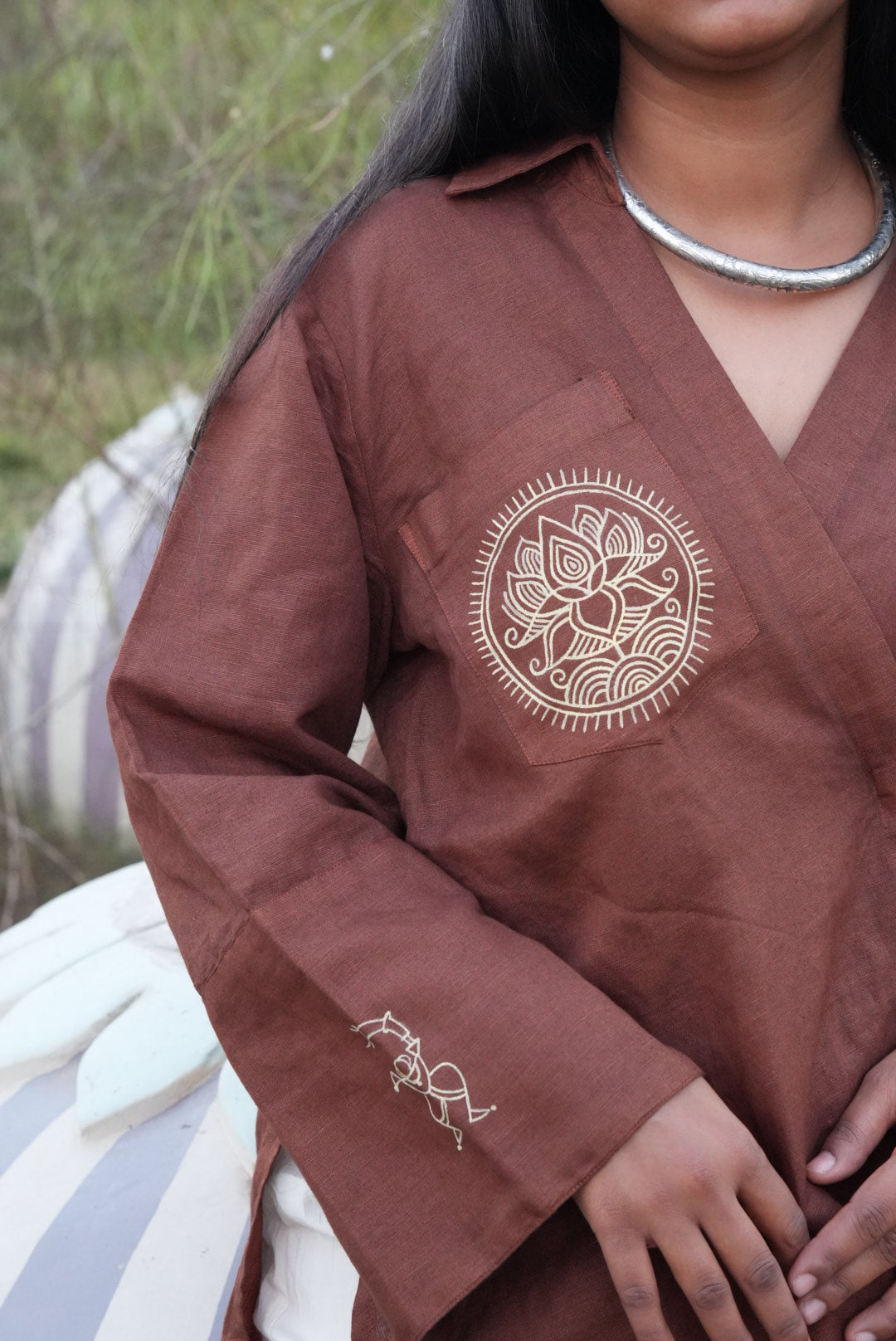 Earth Brown Linen Wrap Top with Hand-Painted Tree Motif