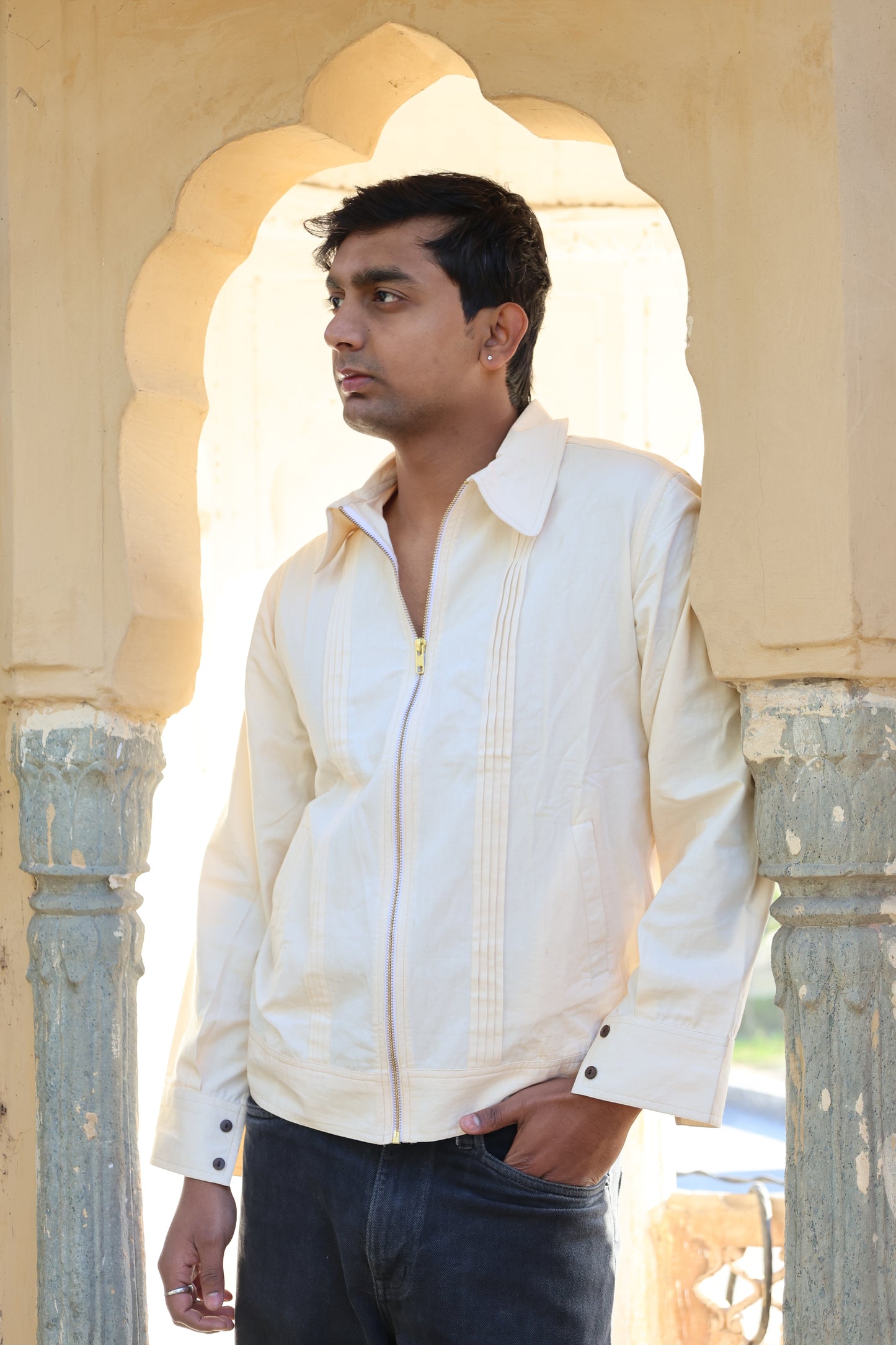 Ivory Zipper Jacket with Pin-Tucked Detailing