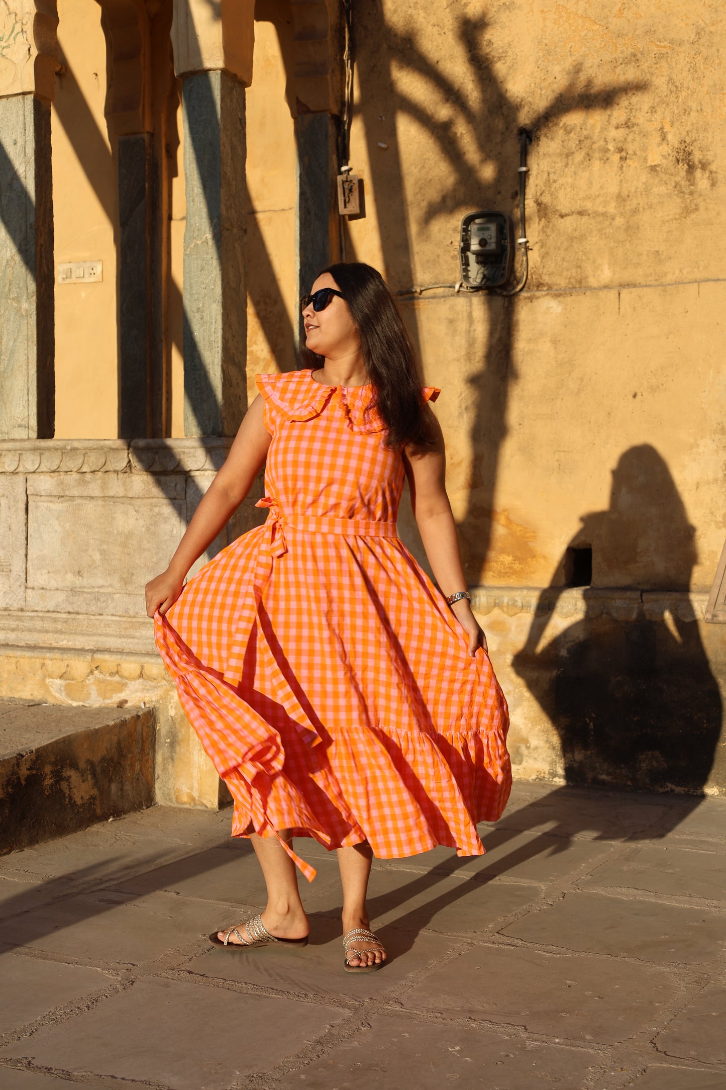 Sunset Gingham Ruffle Midi Dress