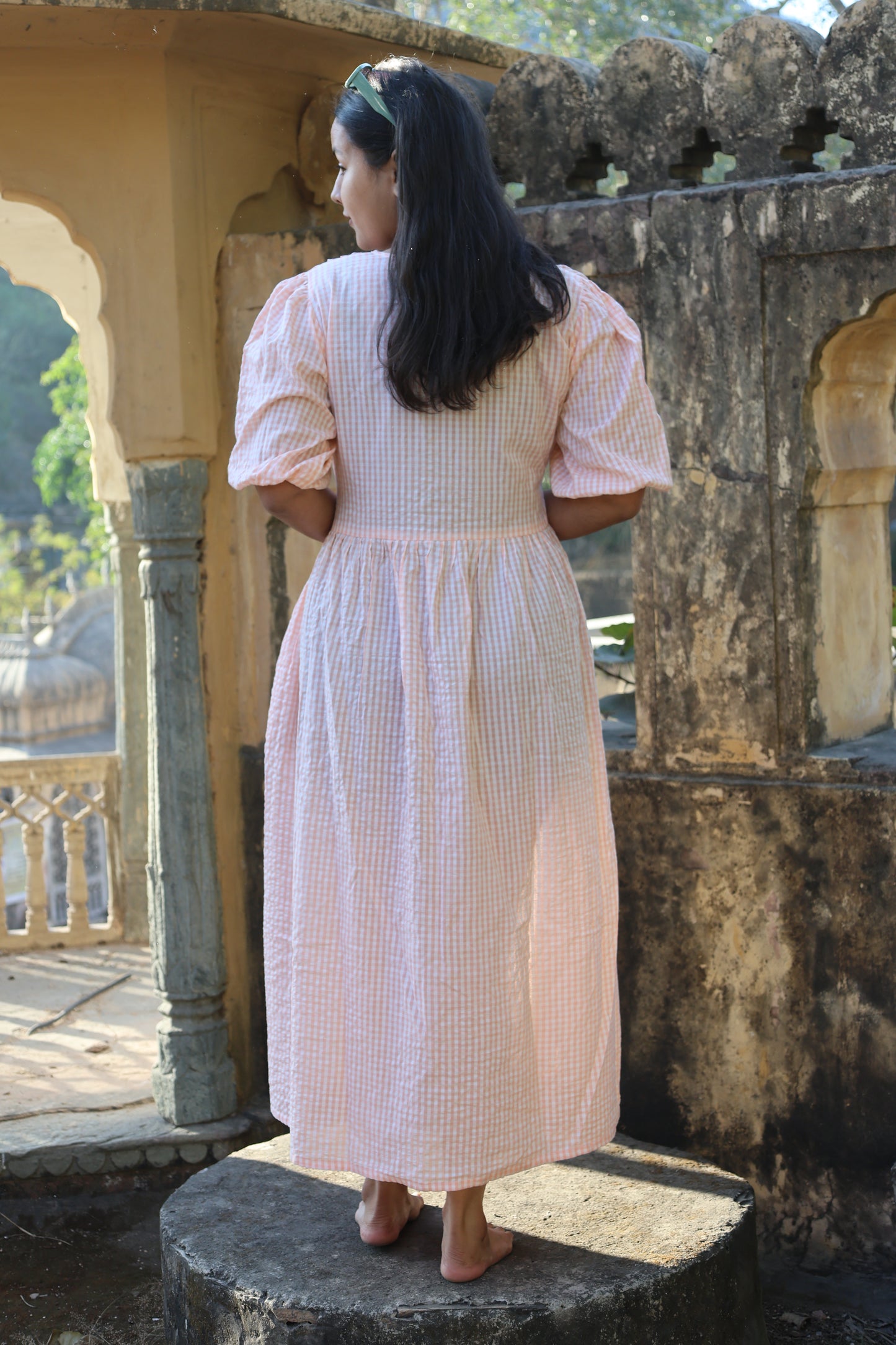 peach Seersucker Cotton Check Midi Dress