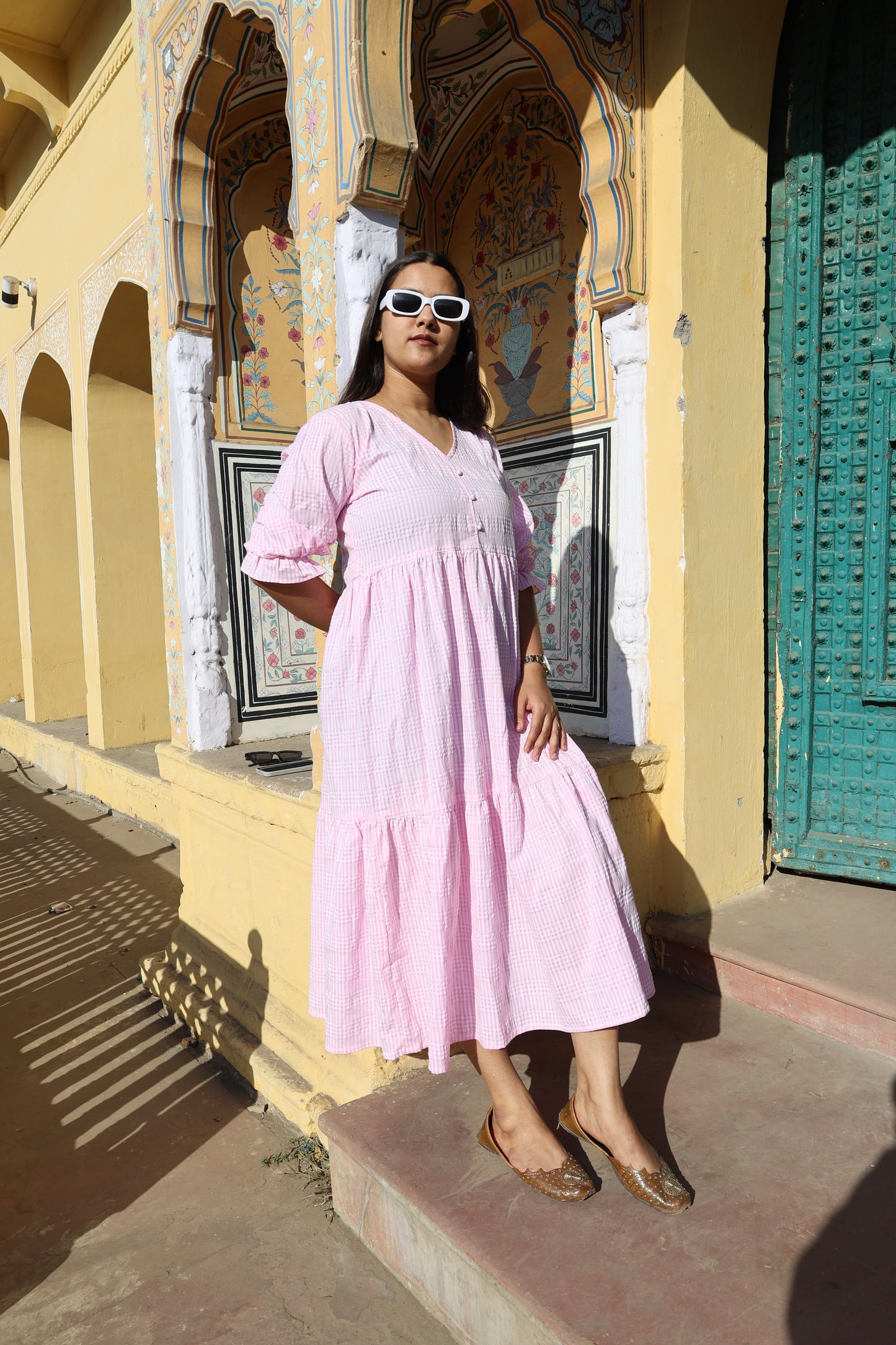 Blush Pink Check Tiered Midi Dress