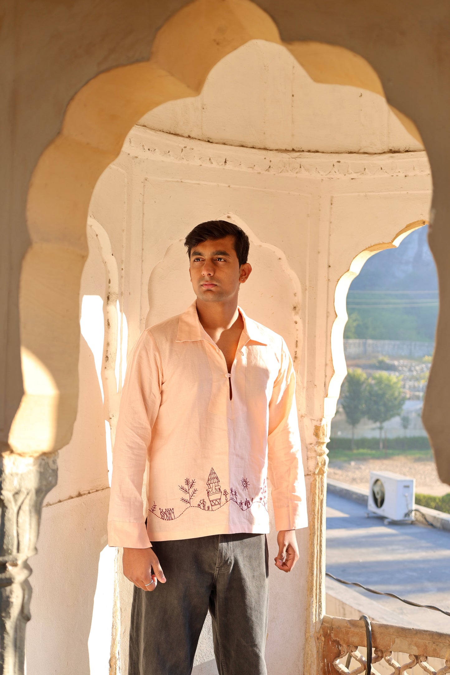 Blush Peach Linen Shirt with Saura Art Motif
