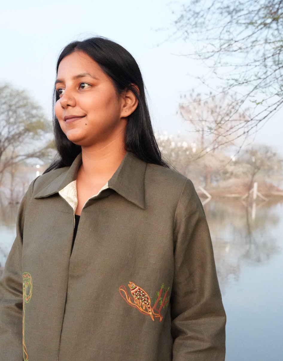 Reversible Linen Jacket with Tribal Hand-Embroidered Motifs