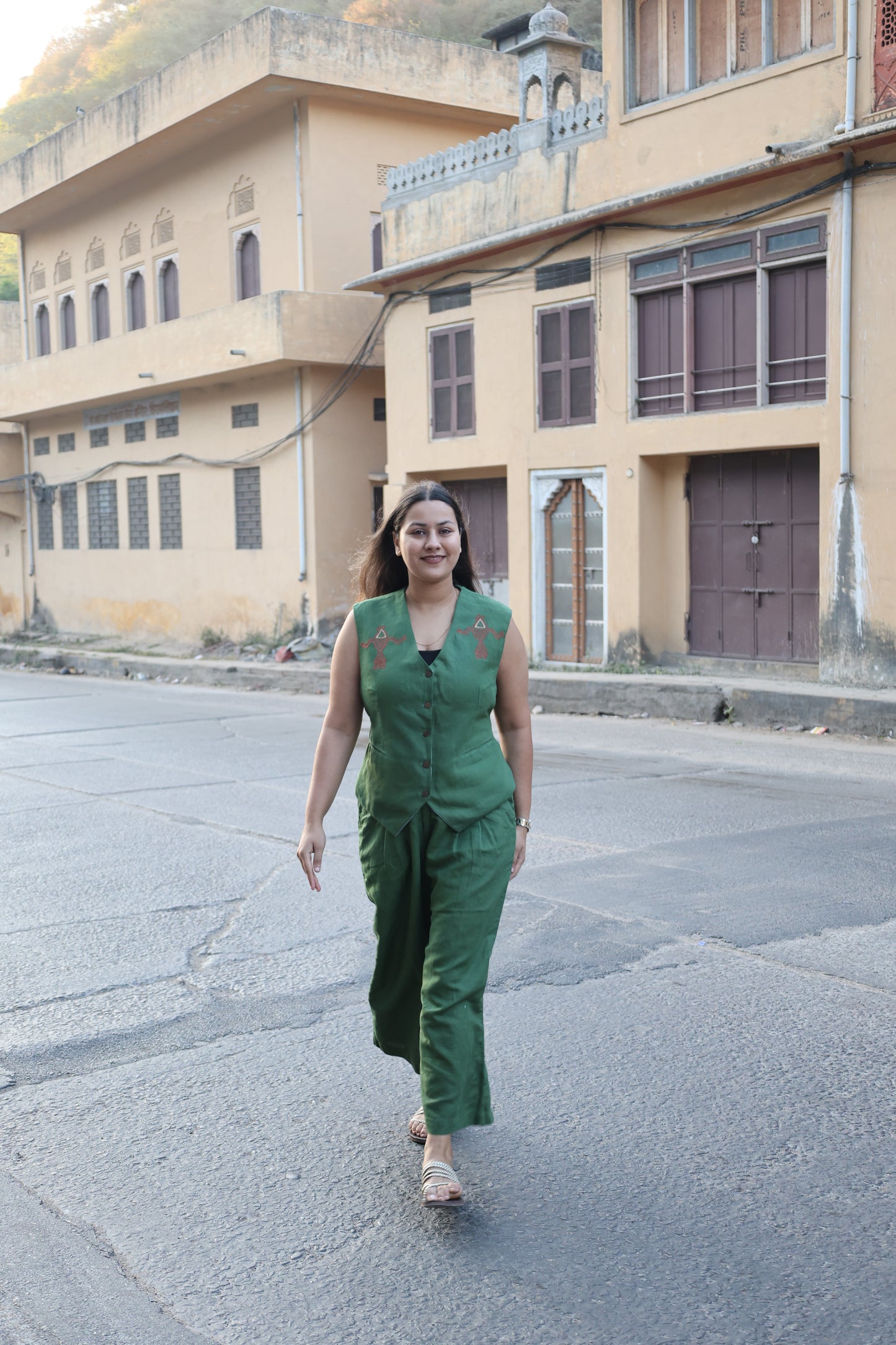 Olive Green Linen Co-ord Set with Mandana Art Embroidered Motifs