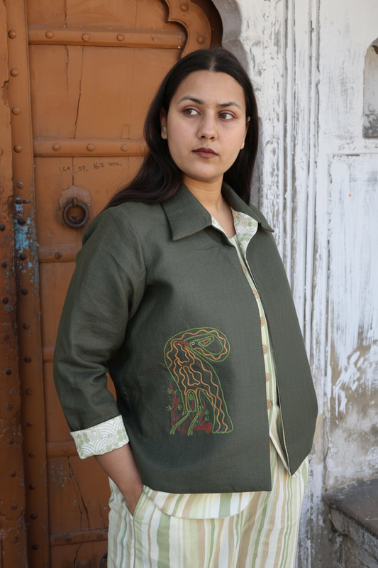 Reversible Linen Jacket with Tribal Hand-Embroidered Motifs