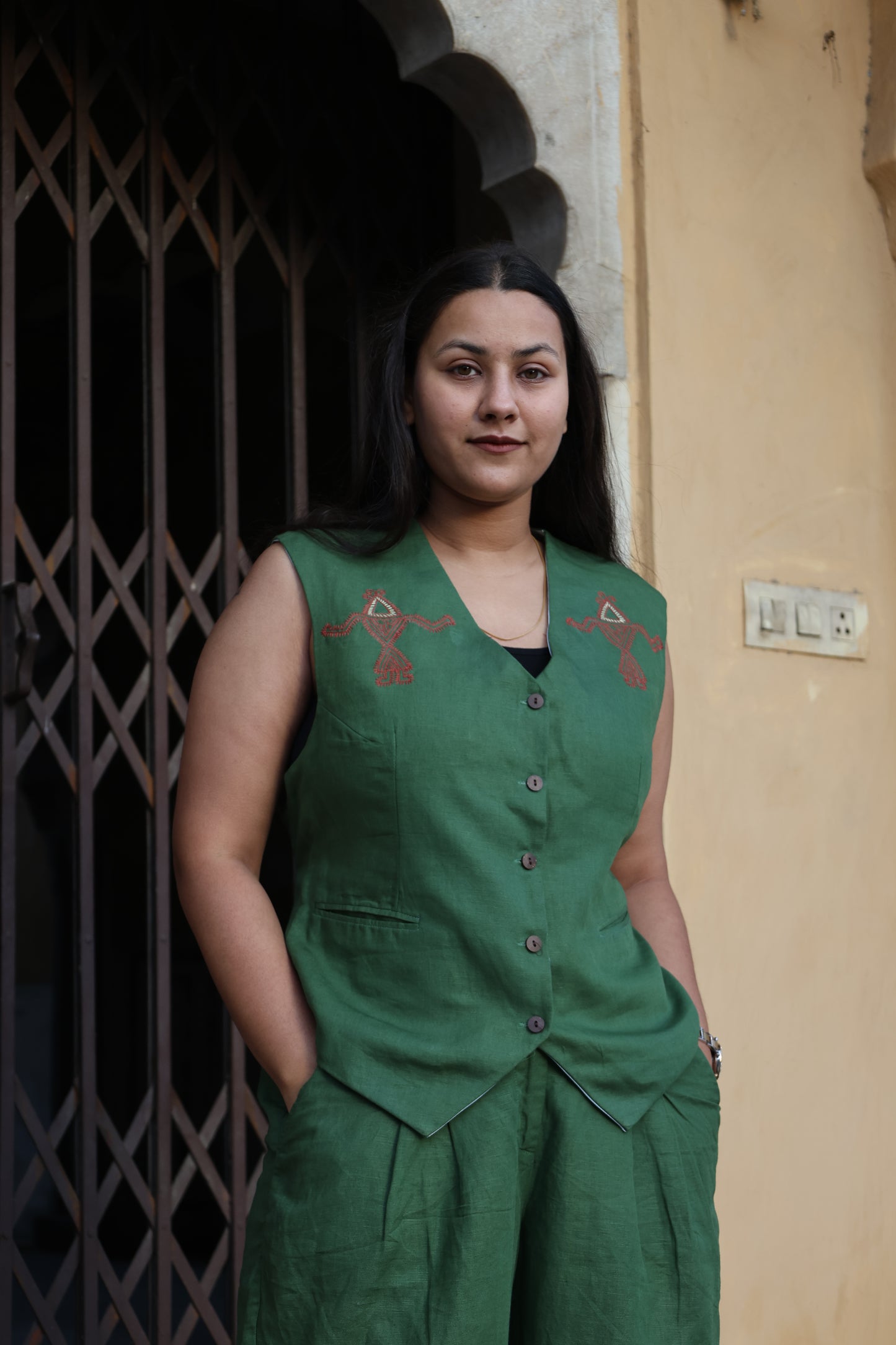 Olive Green Linen Co-ord Set with Mandana Art Embroidered Motifs