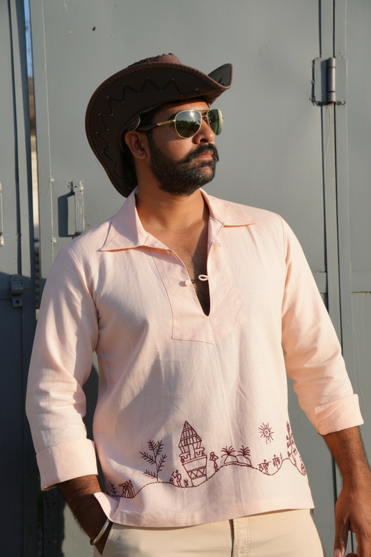 Blush Peach Linen Shirt with Saura Art Motif