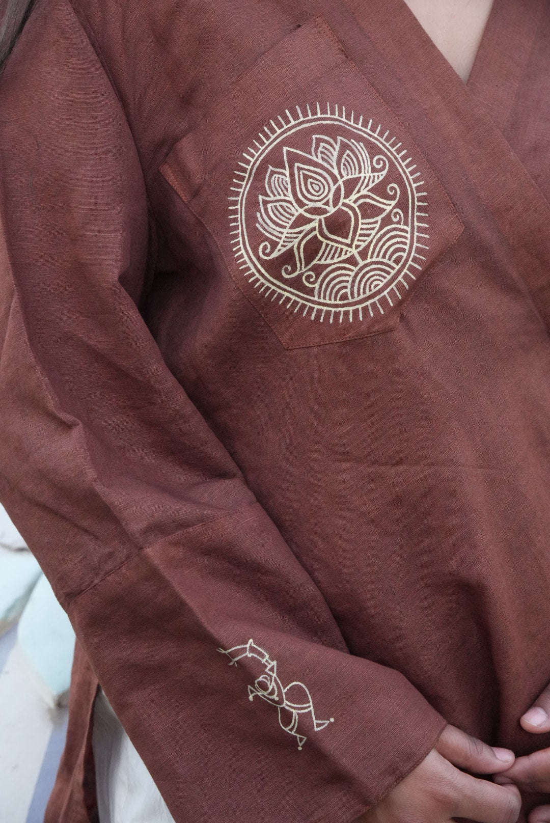 Earth Brown Linen Wrap Top with Hand-Painted Tree Motif
