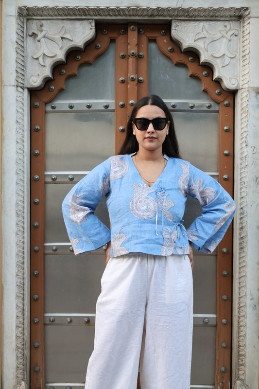 Indigo Natural-Dyed Gondh Block-Printed Wrap Shirt