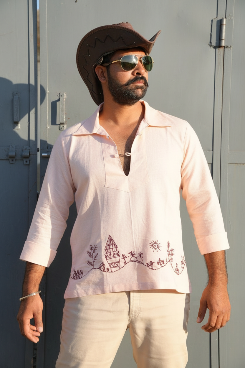 Blush Peach Linen Shirt with Saura Art Motif