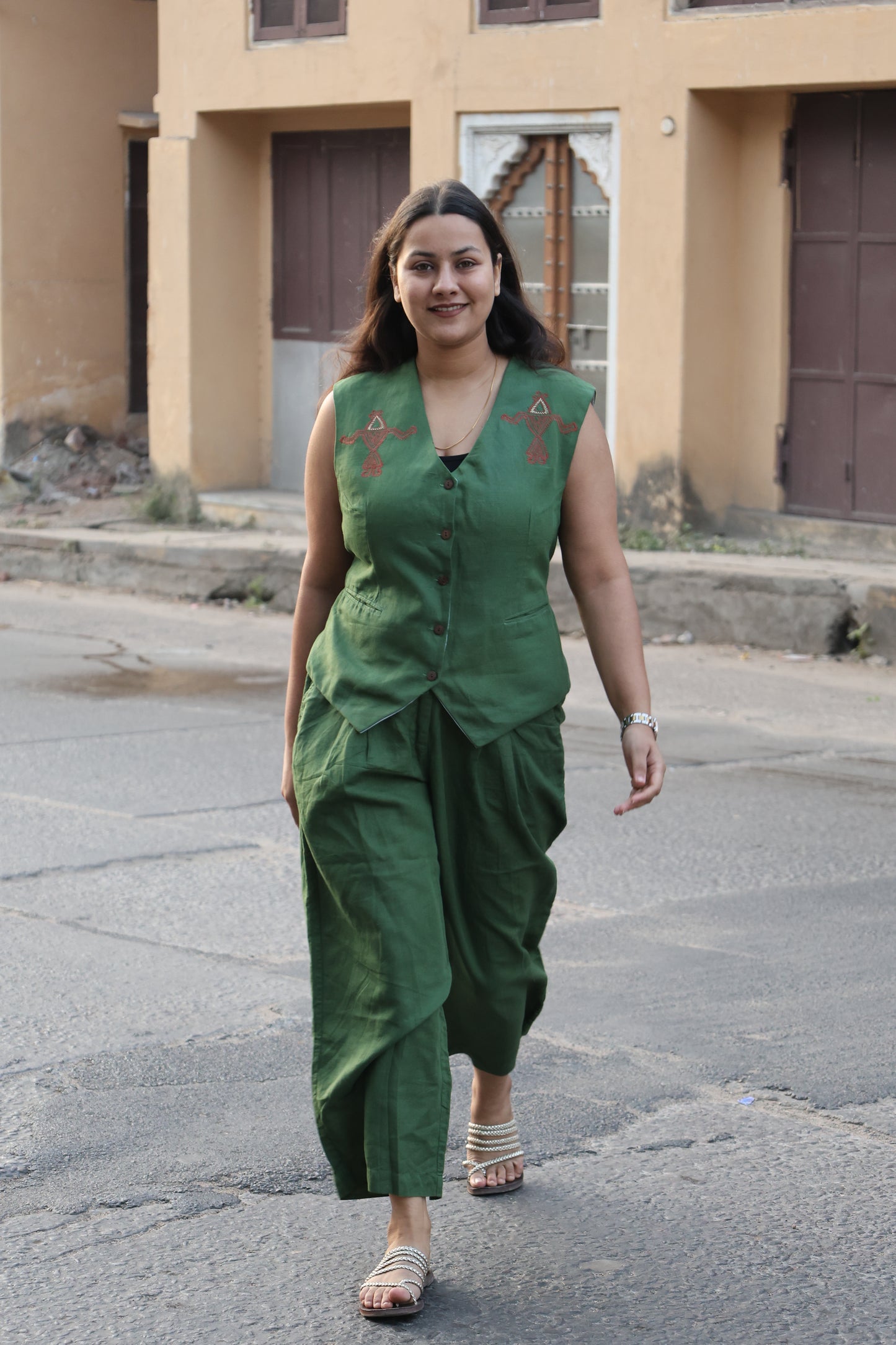 Olive Green Linen Co-ord Set with Mandana Art Embroidered Motifs