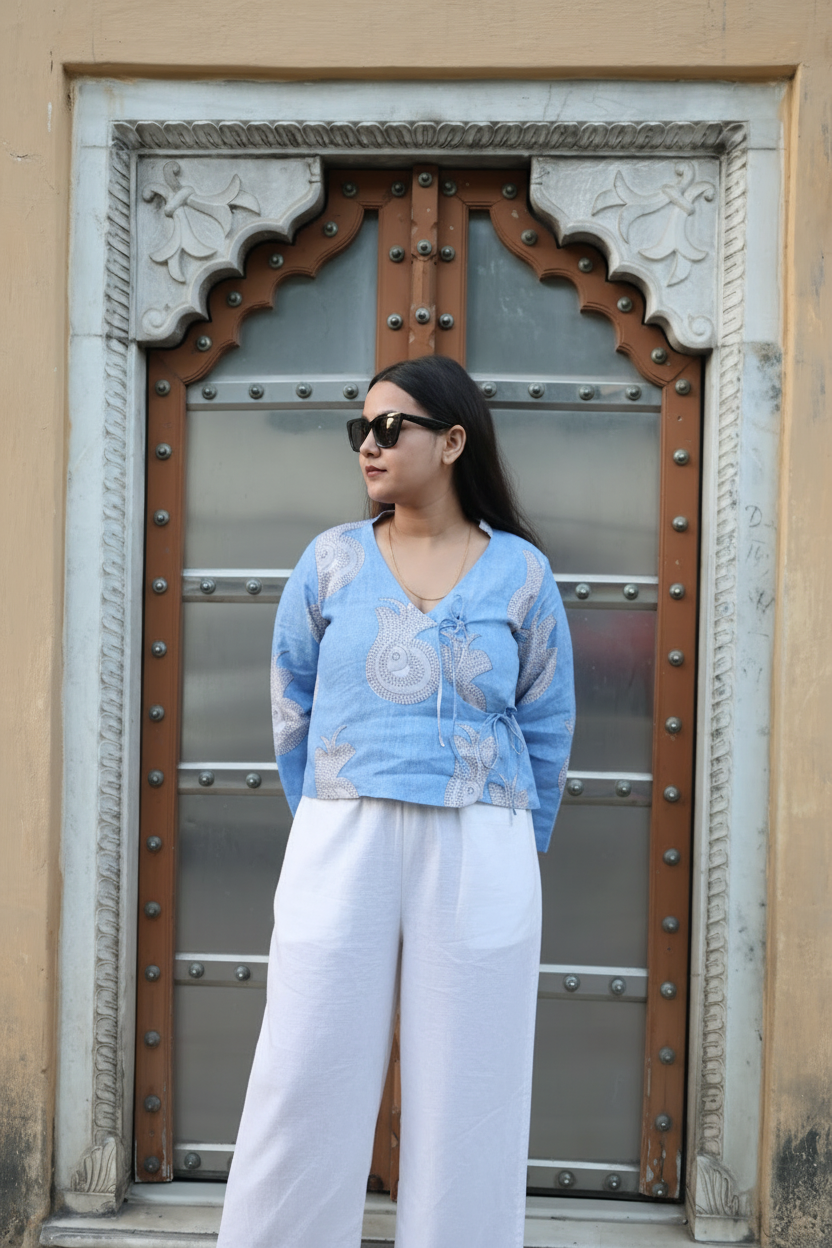 Indigo Natural-Dyed Gondh Block-Printed Wrap Shirt