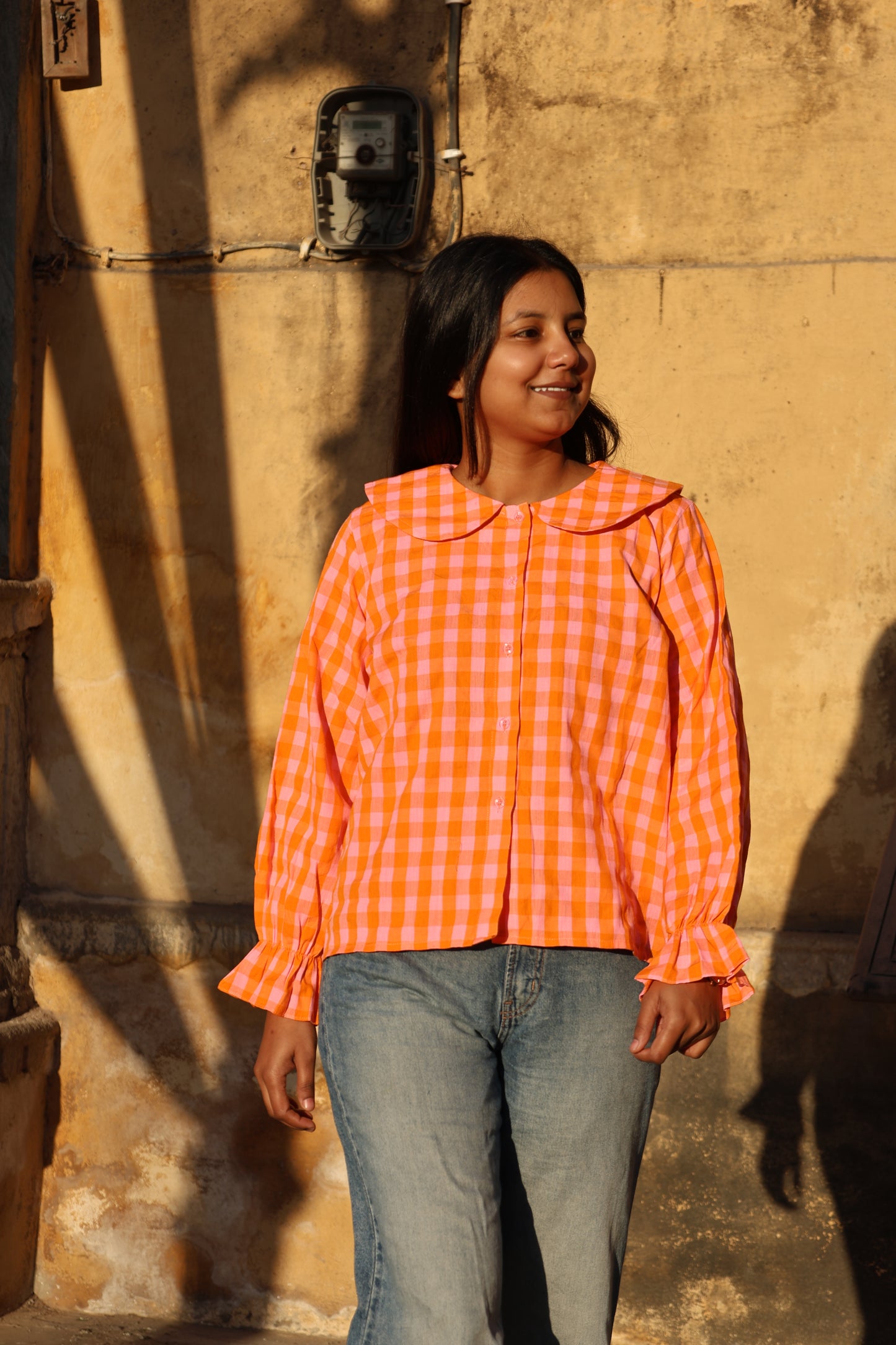 Sunburst Gingham Linen-Cotton Top