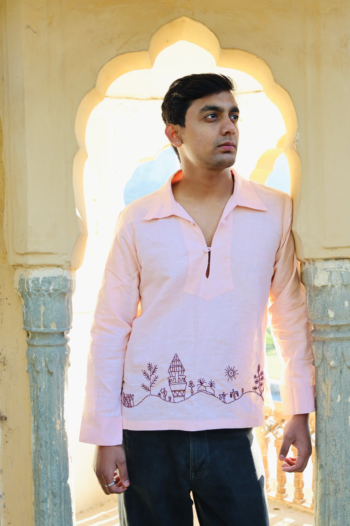 Blush Peach Linen Shirt with Saura Art Motif