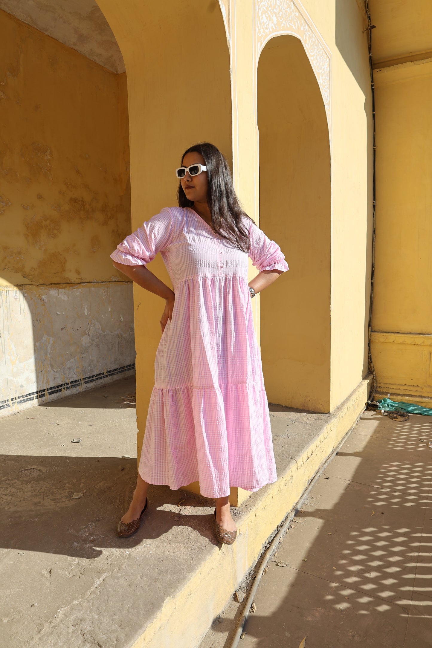 Blush Pink Check Tiered Midi Dress