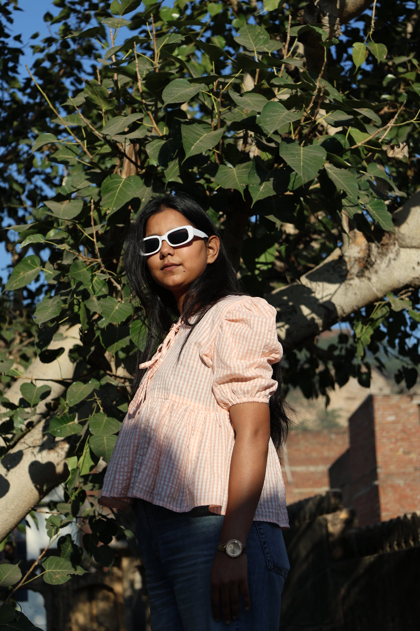 Blush Gingham Tie-Up Peplum Top