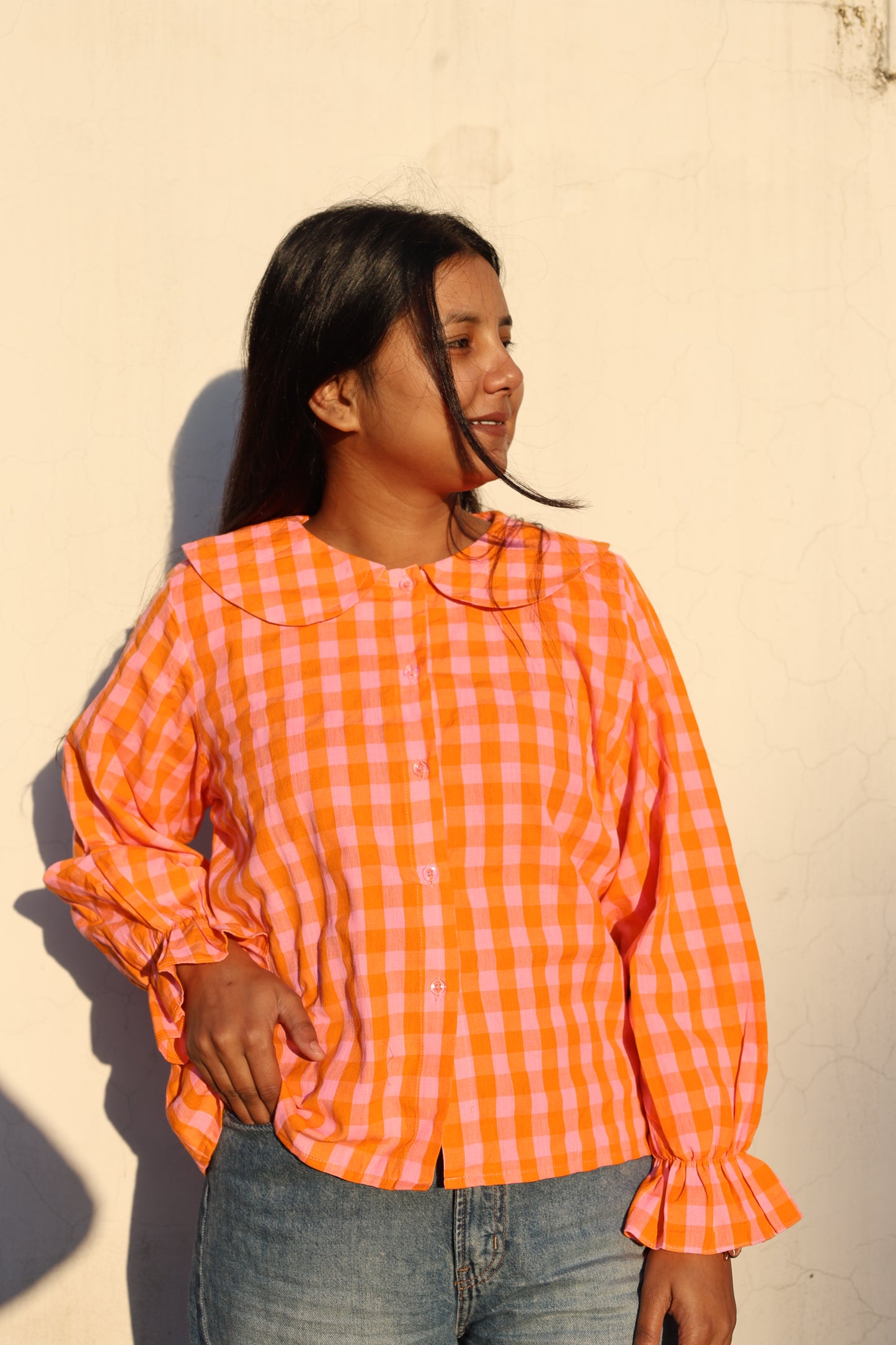 Sunburst Gingham Linen-Cotton Top