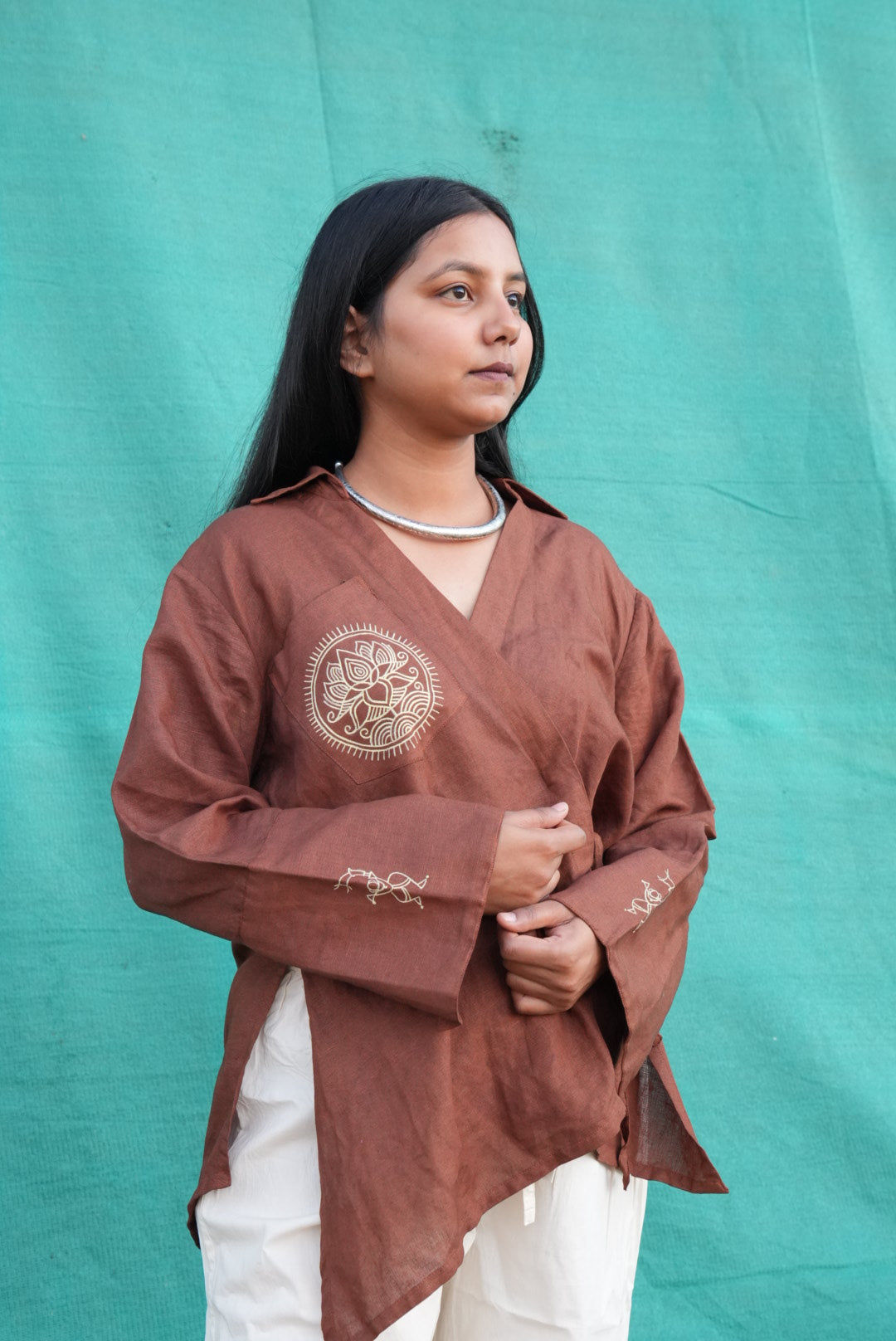 Earth Brown Linen Wrap Top with Hand-Painted Tree Motif