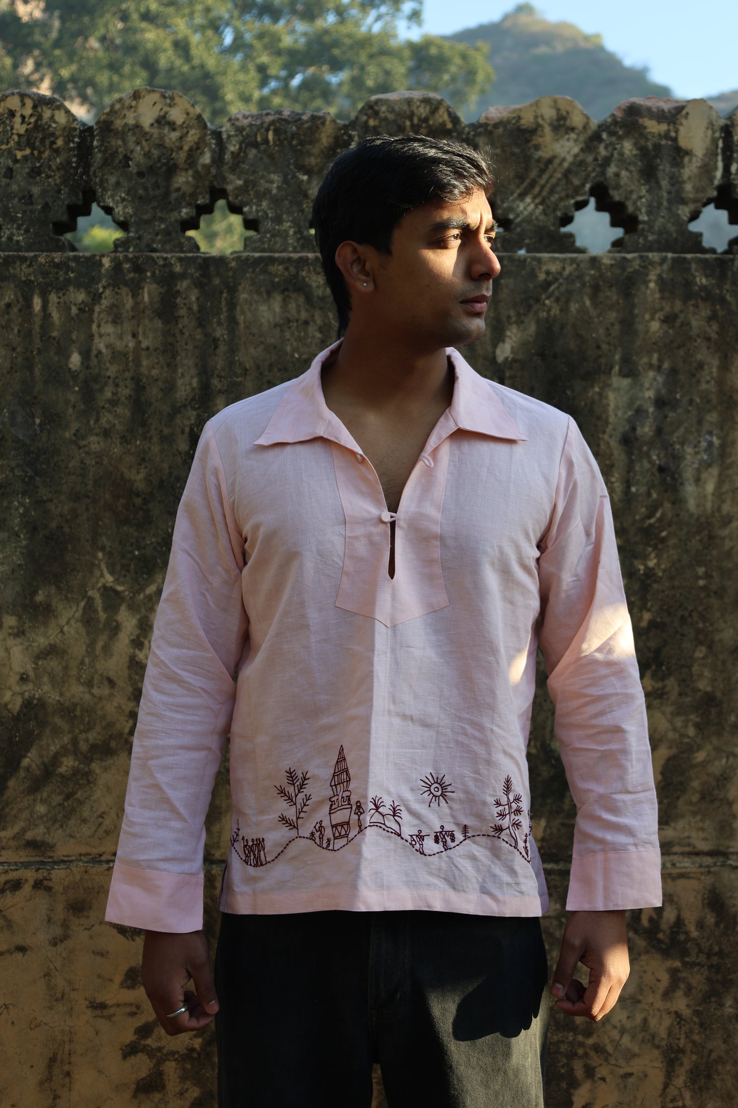 Blush Peach Linen Shirt with Saura Art Motif