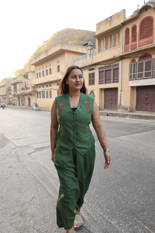 Olive Green Linen Co-ord Set with Mandana Art Embroidered Motifs