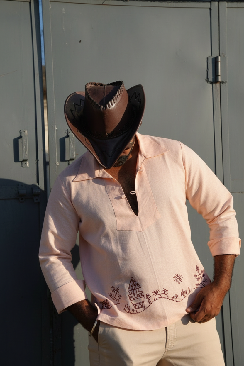 Blush Peach Linen Shirt with Saura Art Motif