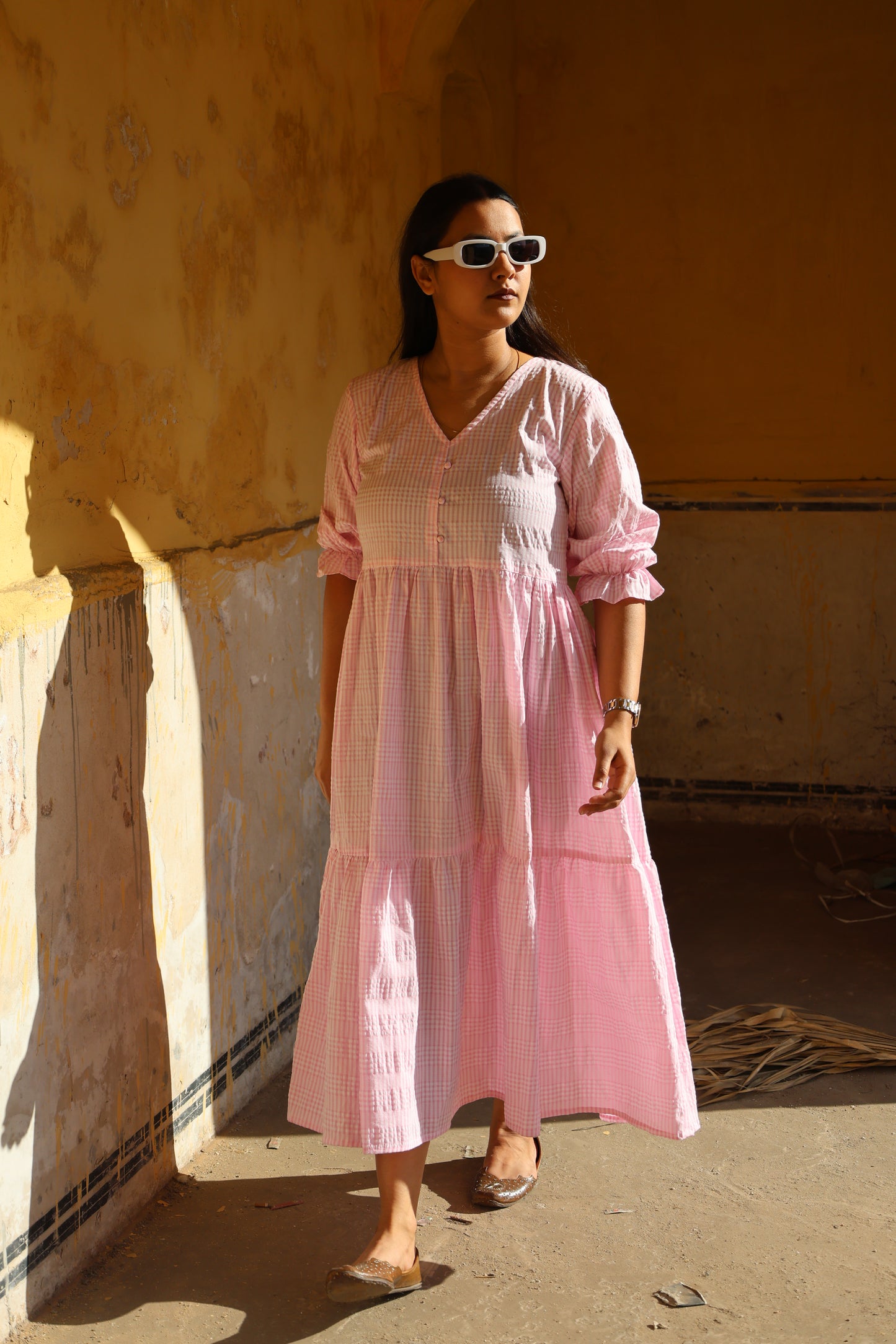 Blush Pink Check Tiered Midi Dress