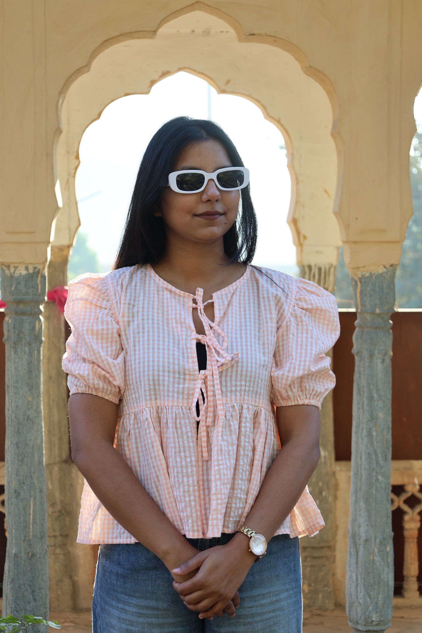 Blush Gingham Tie-Up Peplum Top