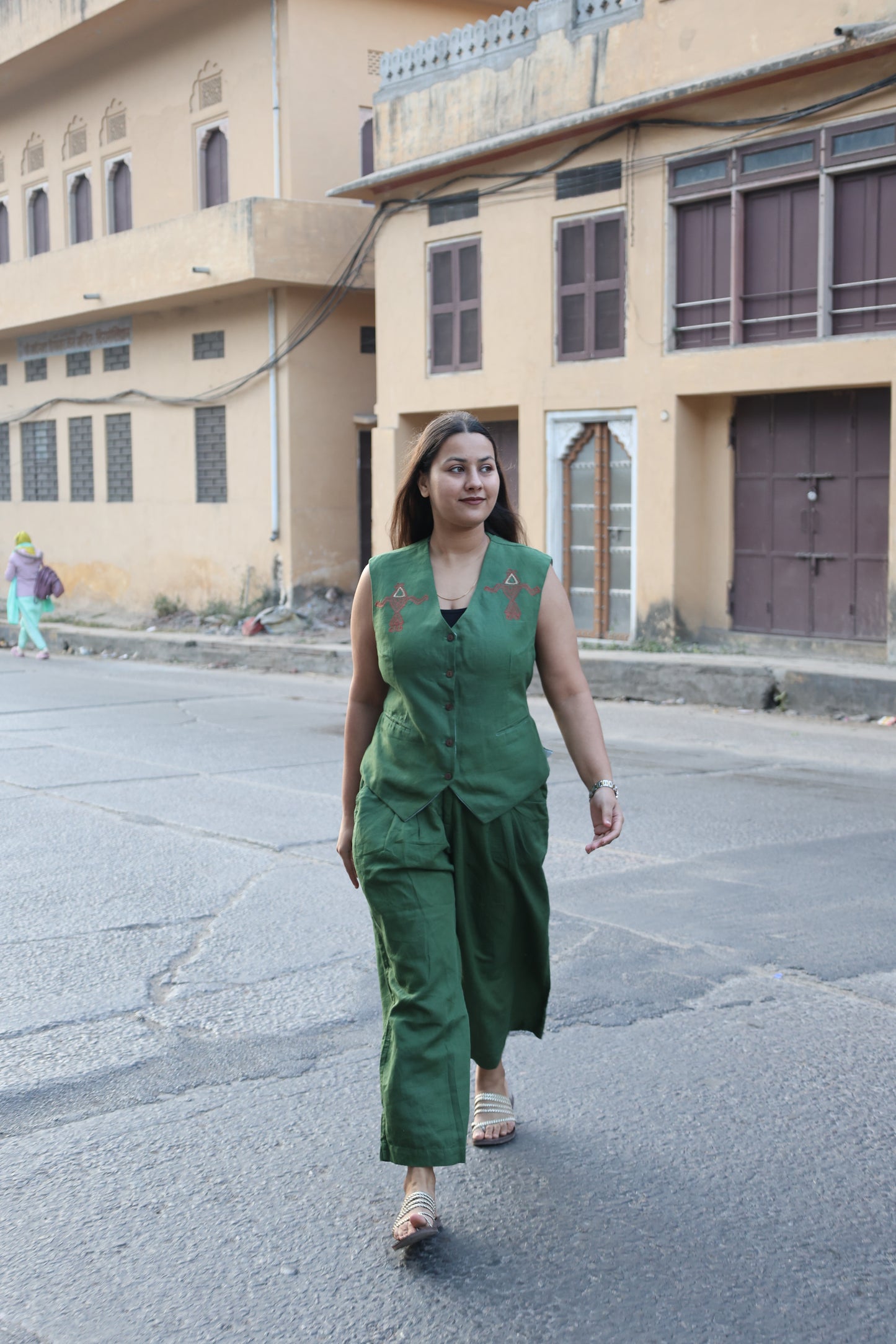 Olive Green Linen Co-ord Set with Mandana Art Embroidered Motifs