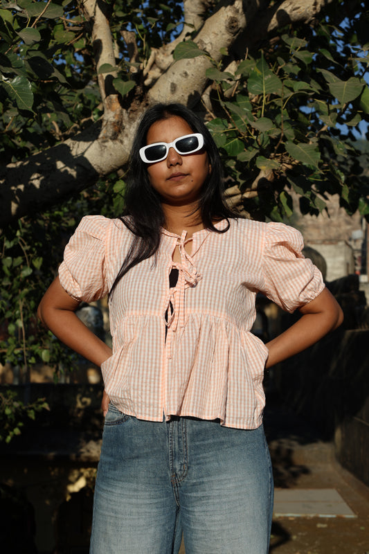 Blush Gingham Tie-Up Peplum Top