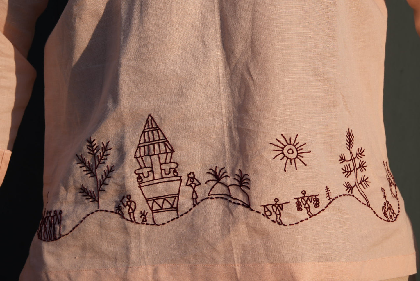 Blush Peach Linen Shirt with Saura Art Motif