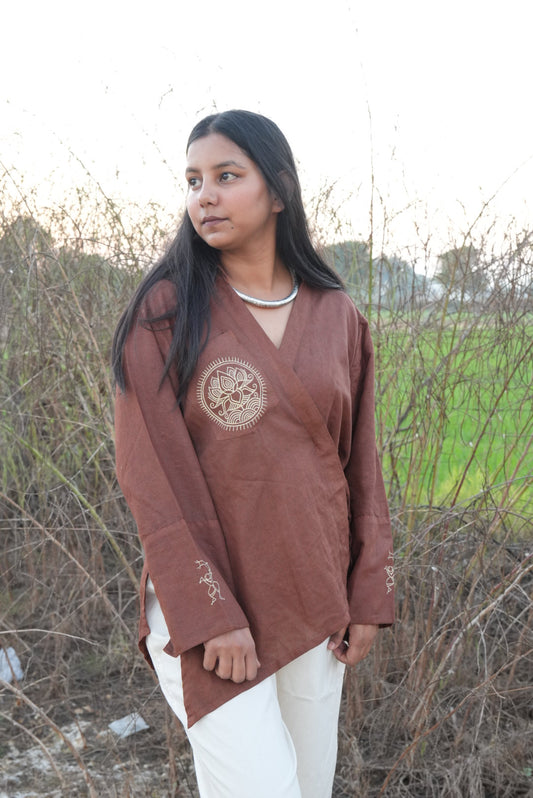 Earth Brown Linen Wrap Top with Hand-Painted Tree Motif