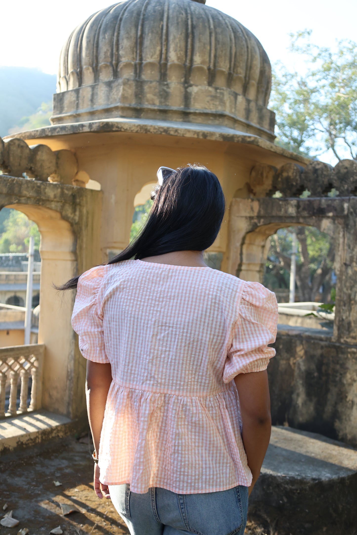 Blush Gingham Tie-Up Peplum Top