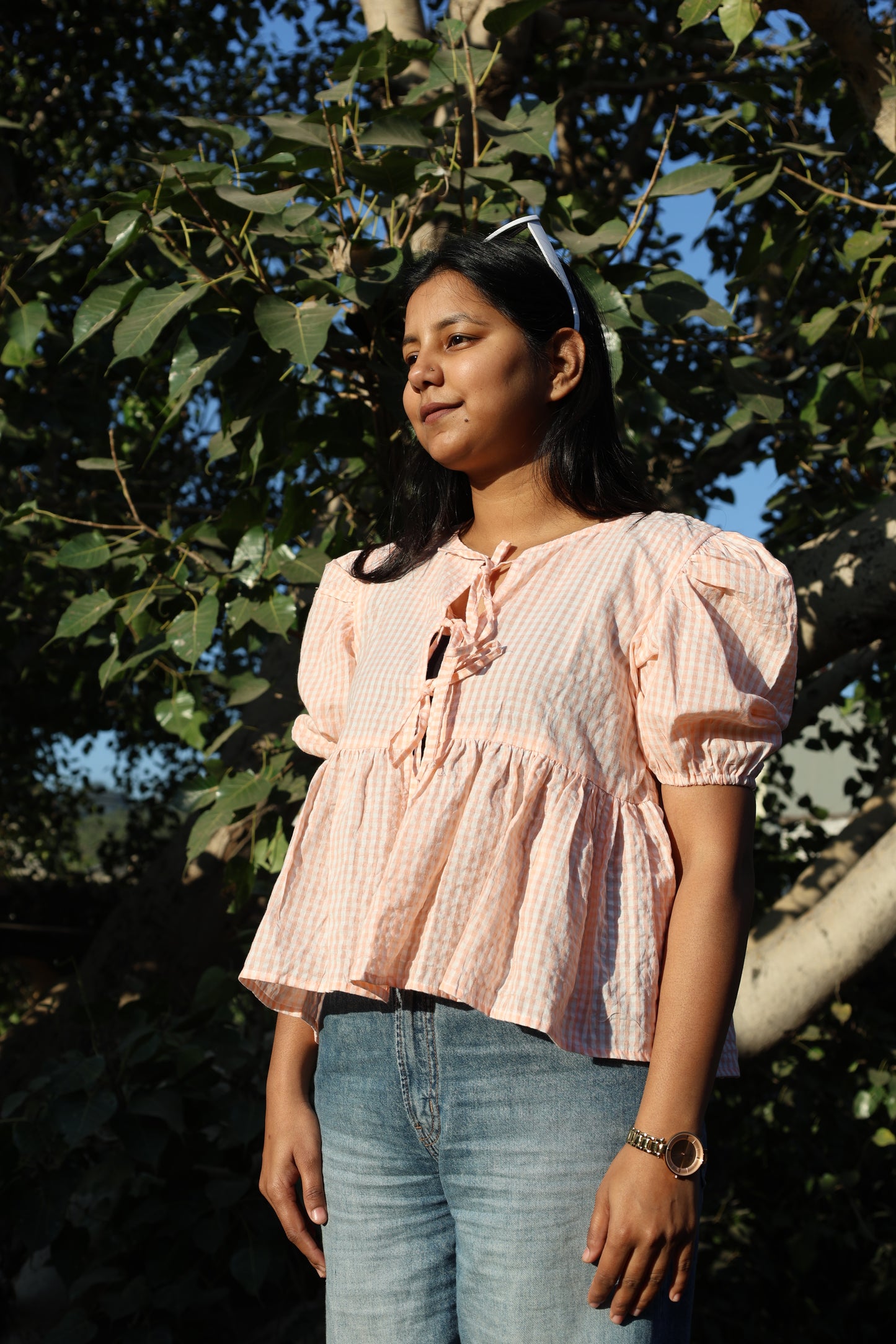 Blush Gingham Tie-Up Peplum Top