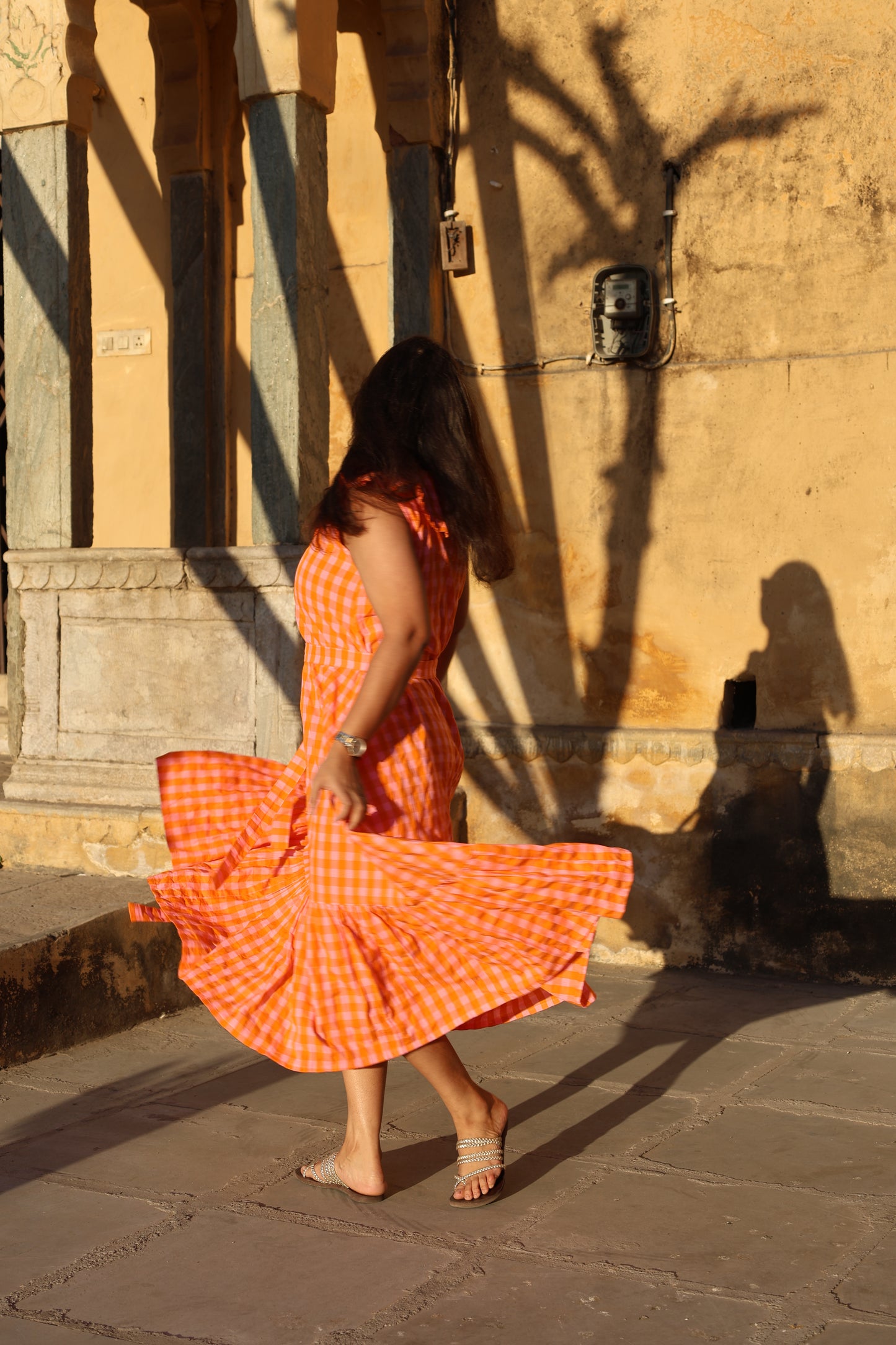 Sunset Gingham Ruffle Midi Dress