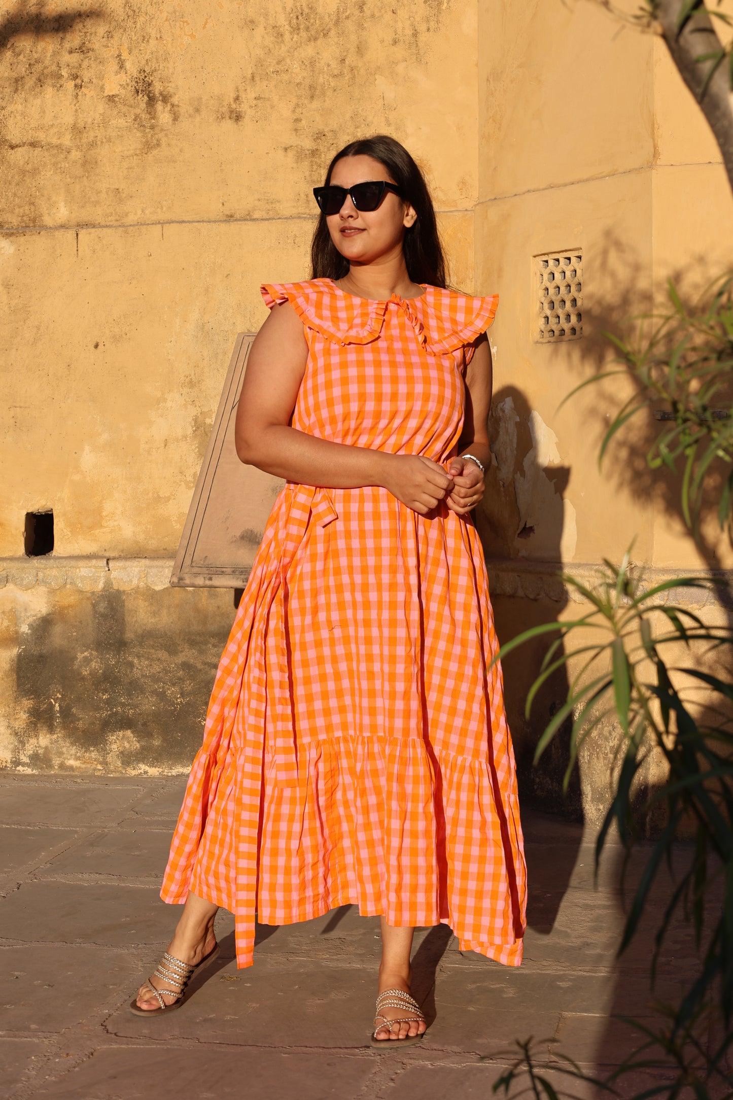 Sunset Gingham Ruffle Midi Dress