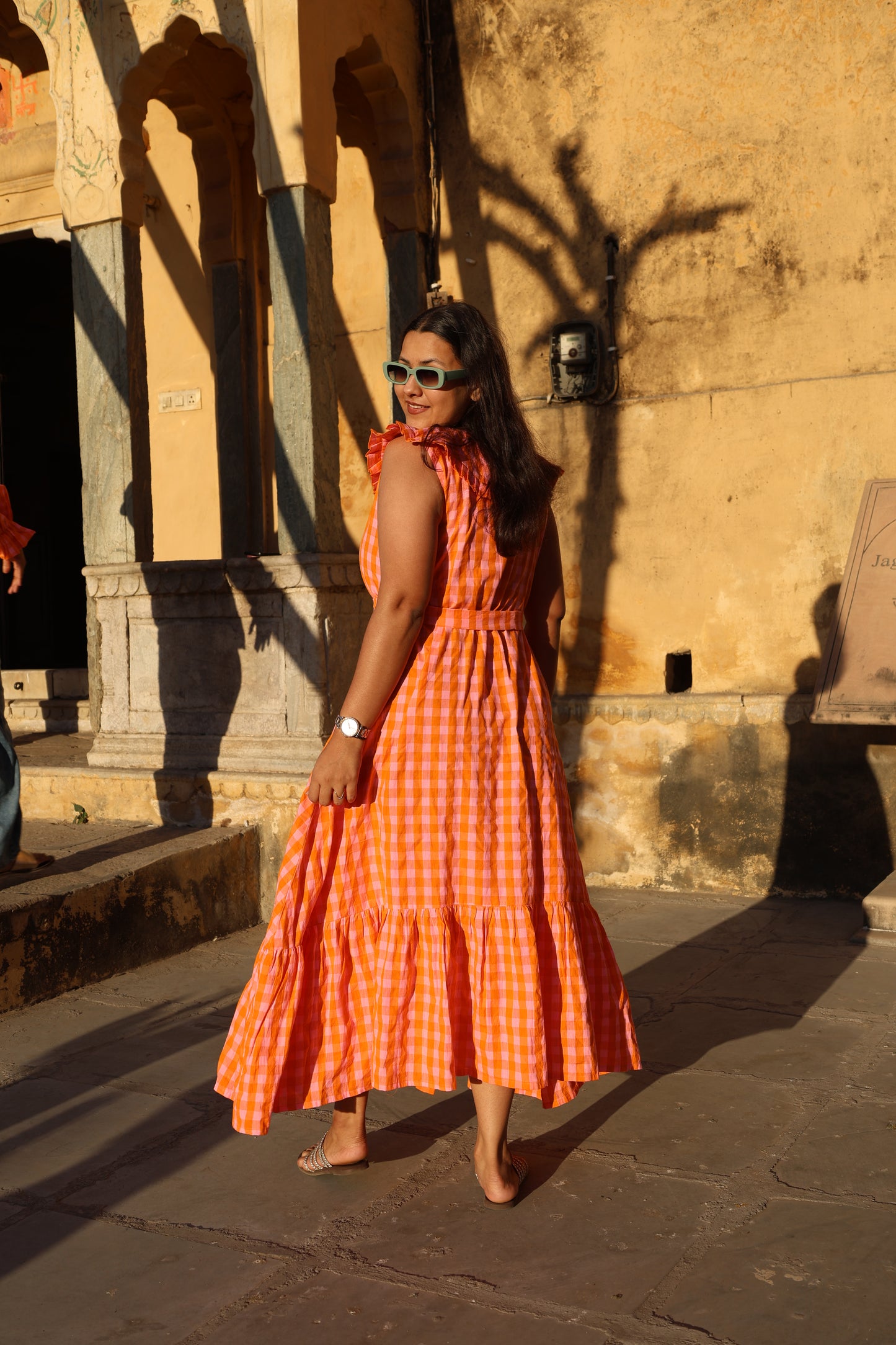 Sunset Gingham Ruffle Midi Dress