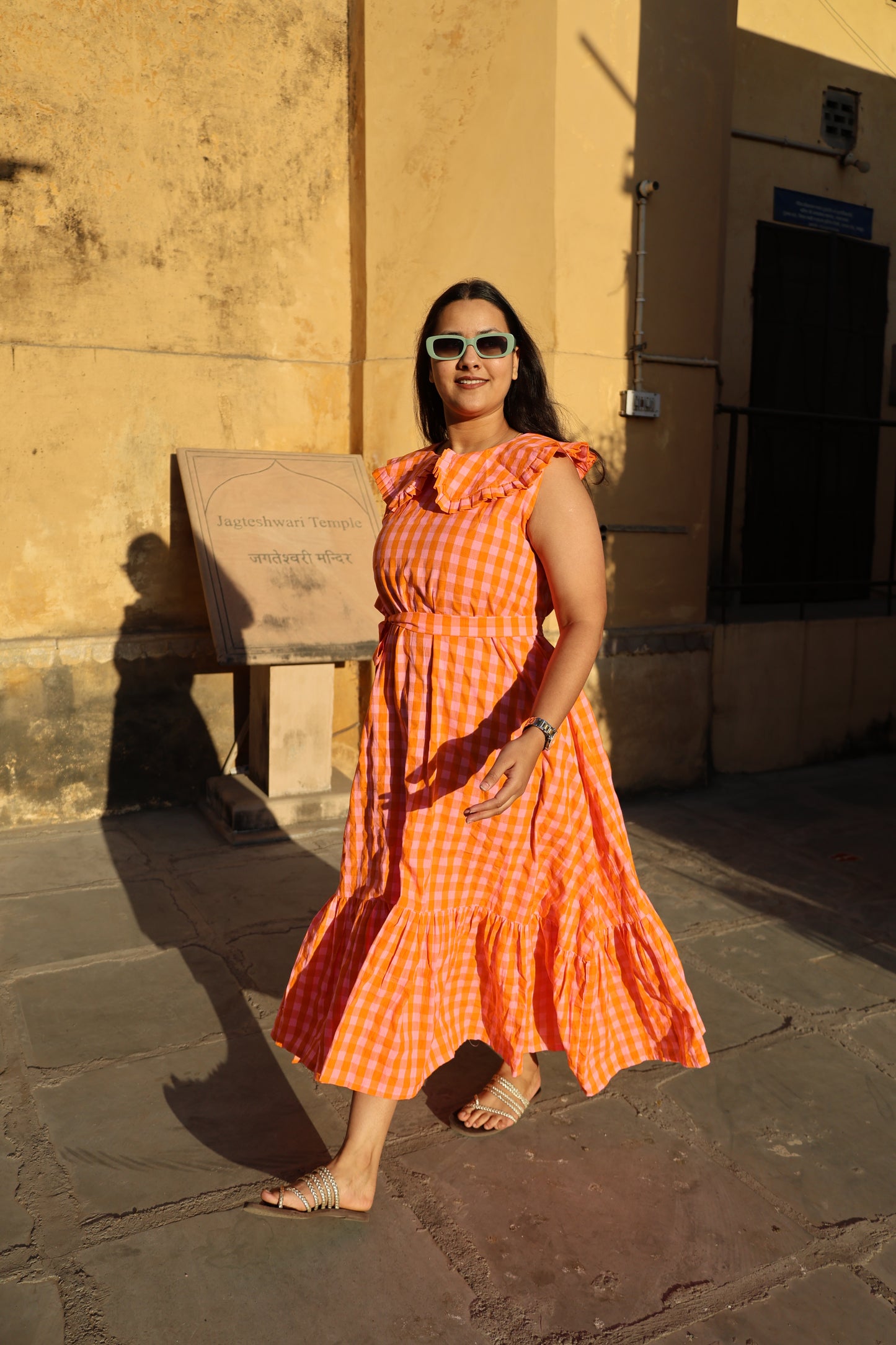 Sunset Gingham Ruffle Midi Dress