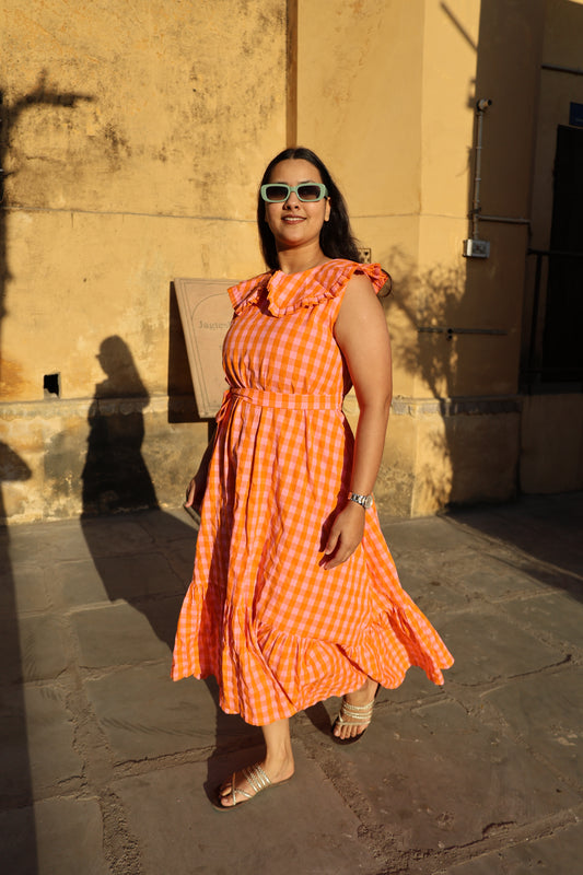 Sunset Gingham Ruffle Midi Dress