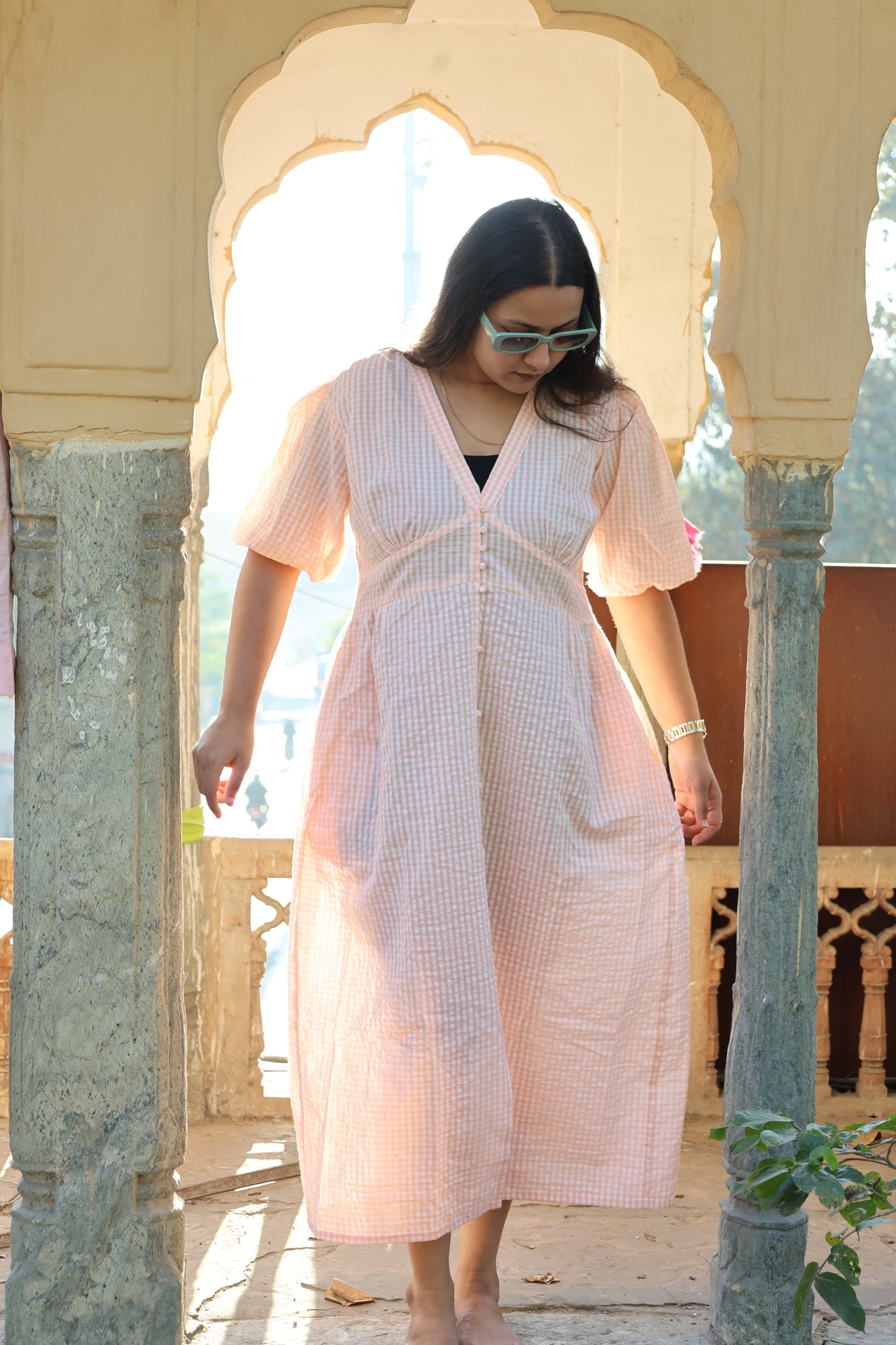 peach Seersucker Cotton Check Midi Dress