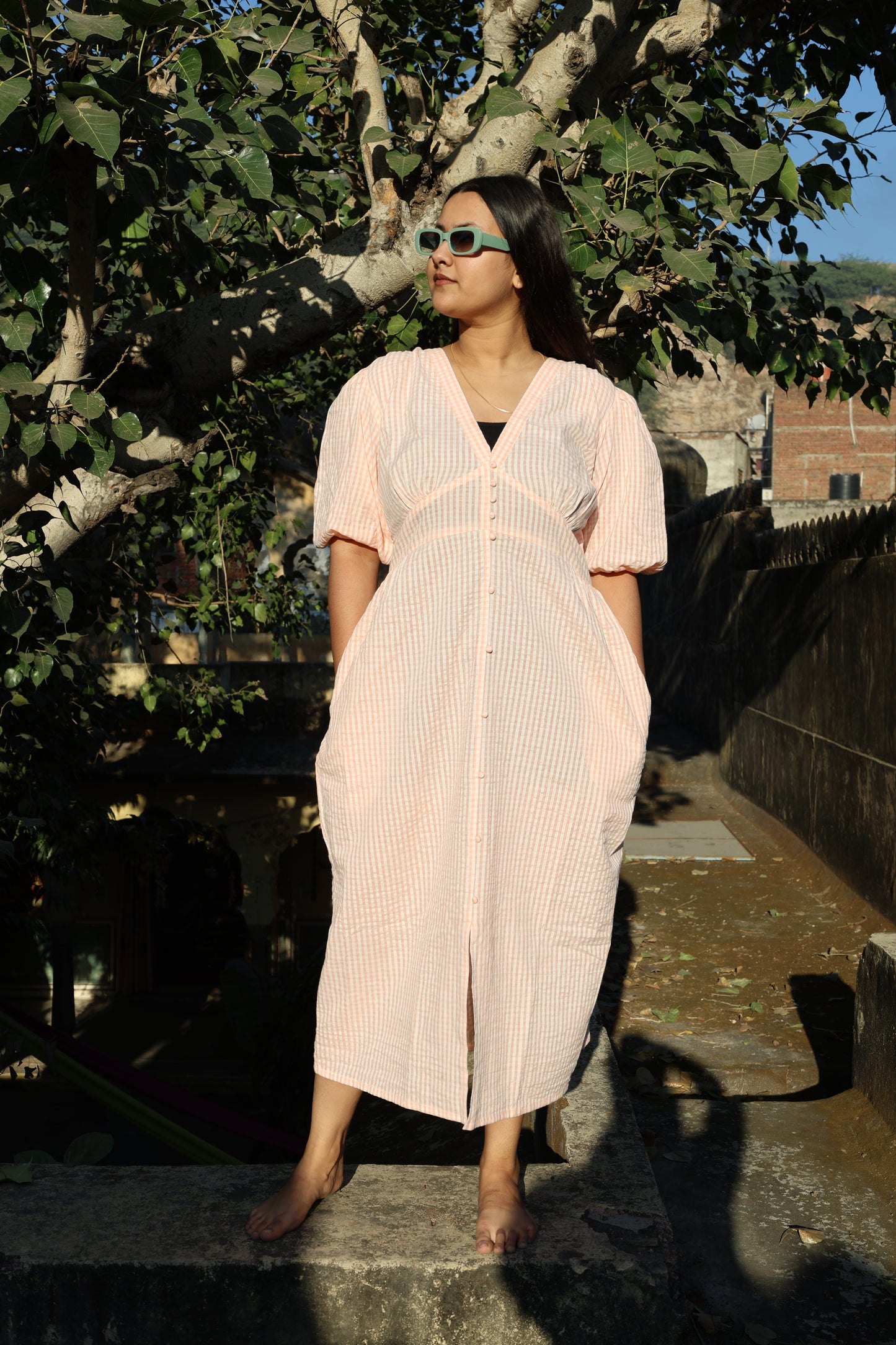 peach Seersucker Cotton Check Midi Dress