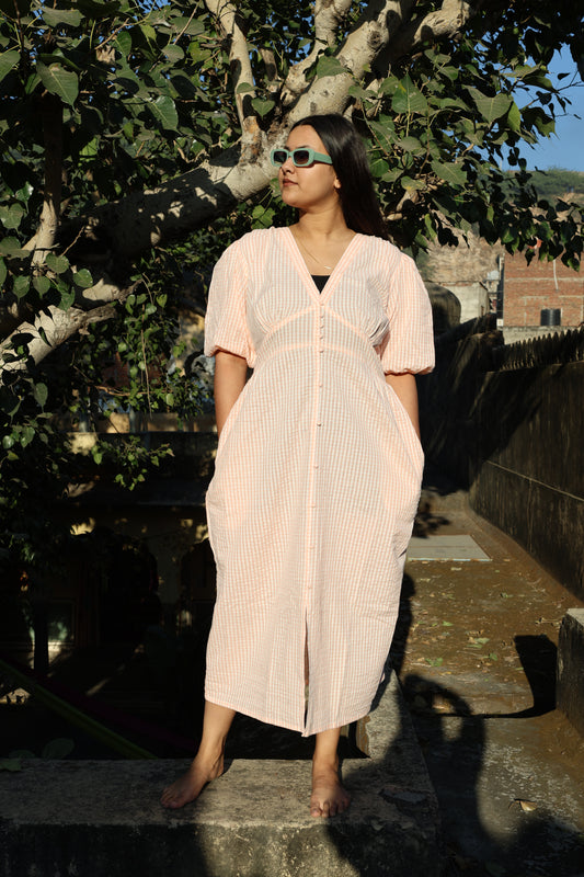 peach Seersucker Cotton Check Midi Dress
