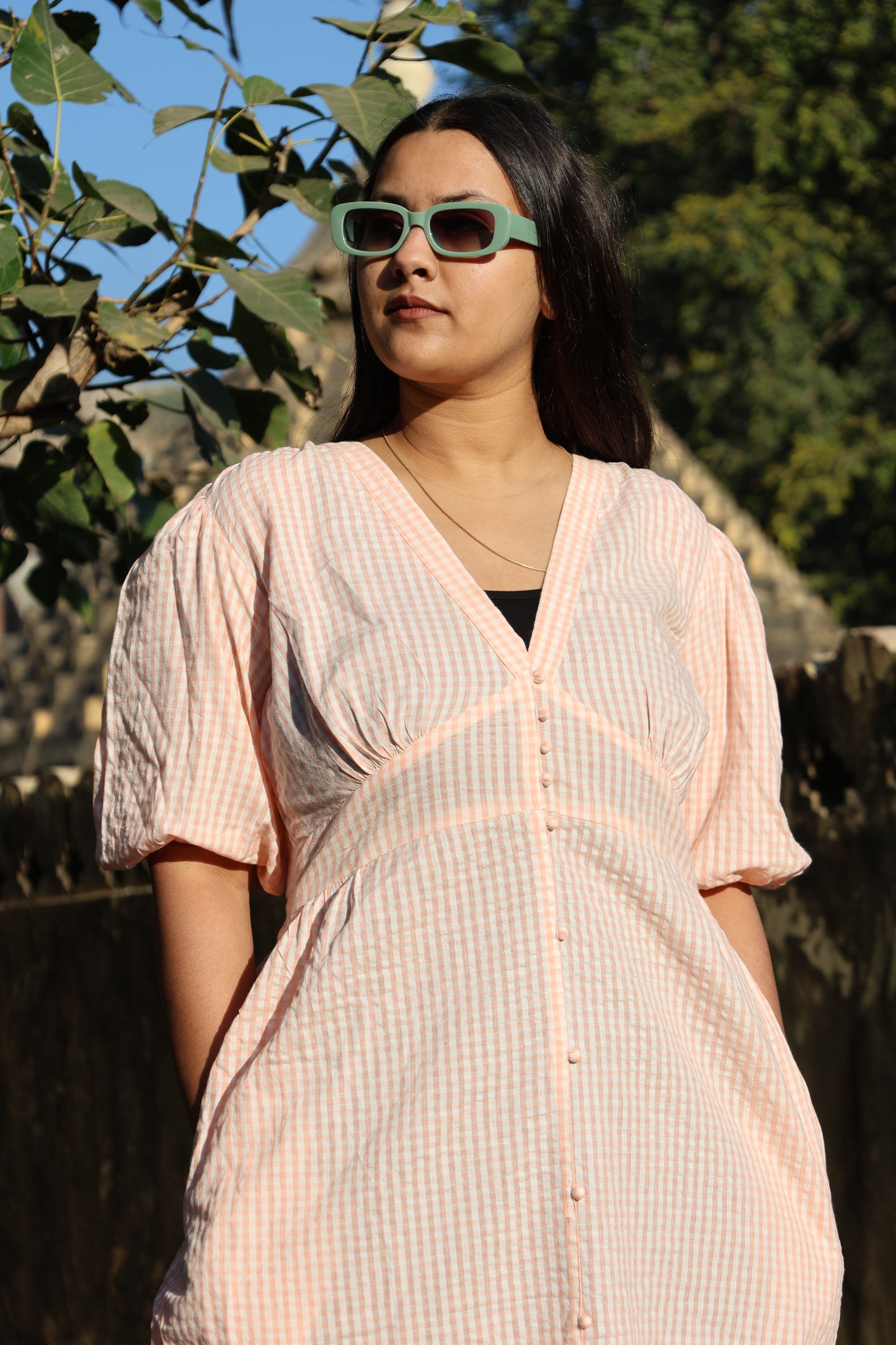 peach Seersucker Cotton Check Midi Dress