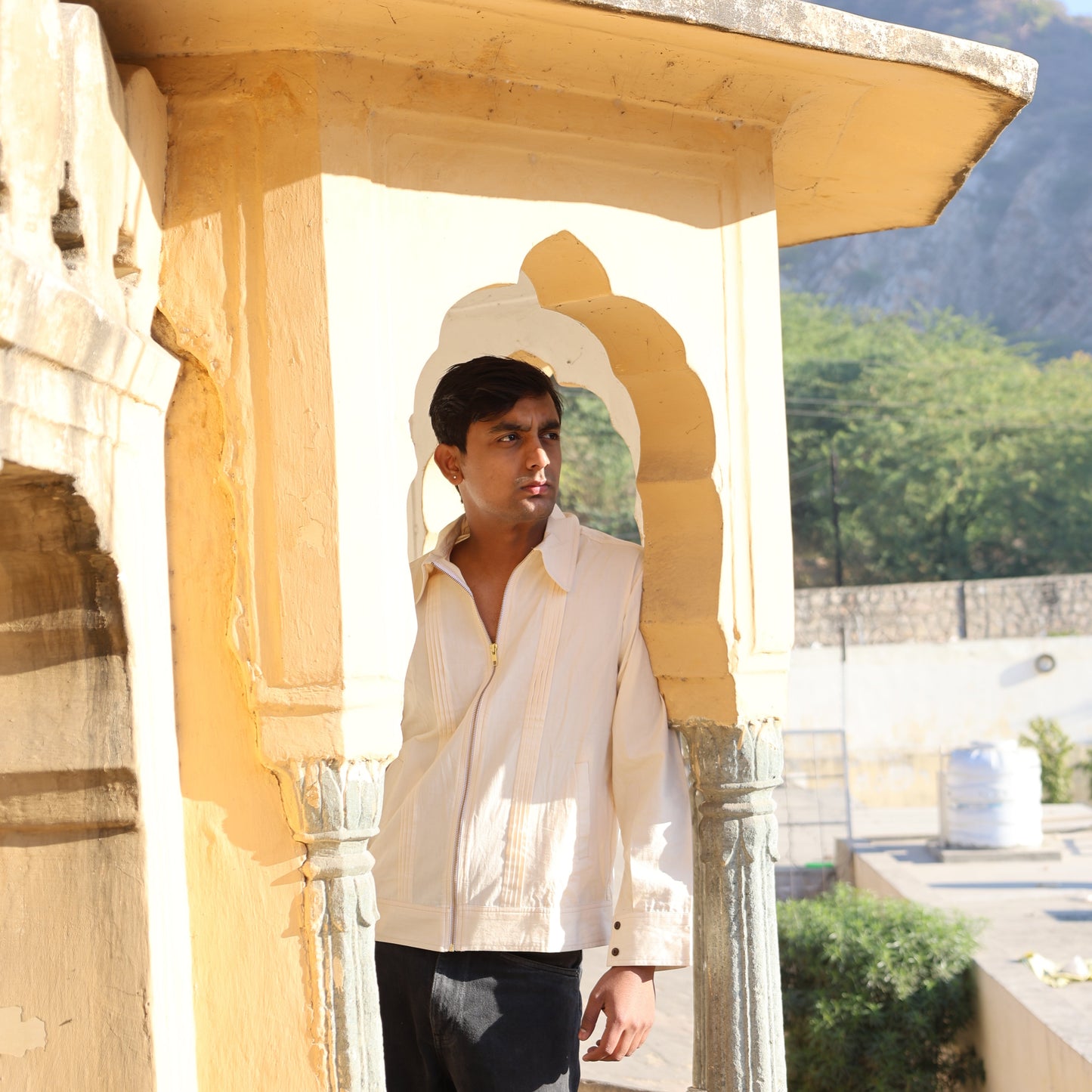 Ivory Zipper Jacket with Pin-Tucked Detailing