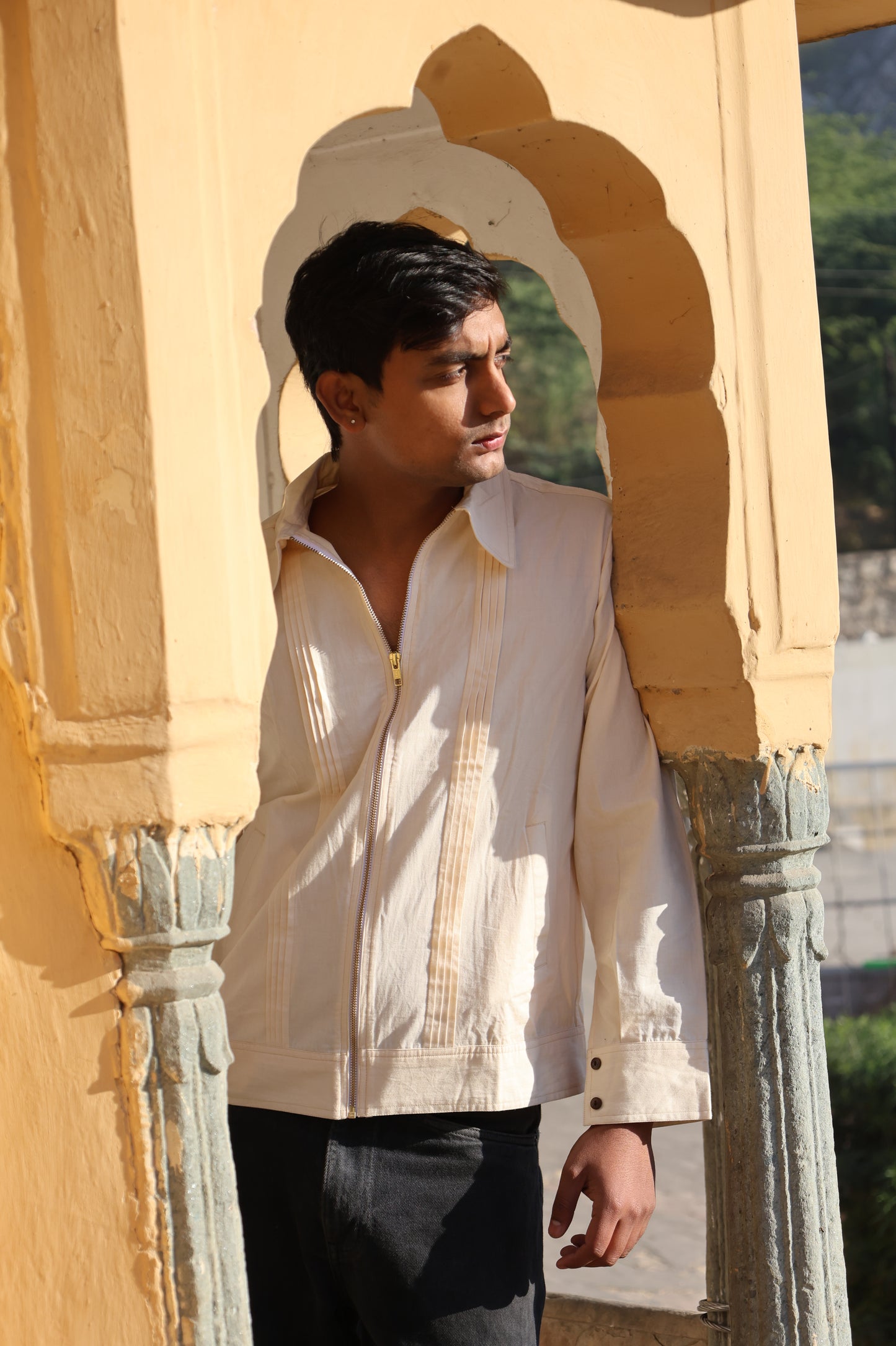 Ivory Zipper Jacket with Pin-Tucked Detailing