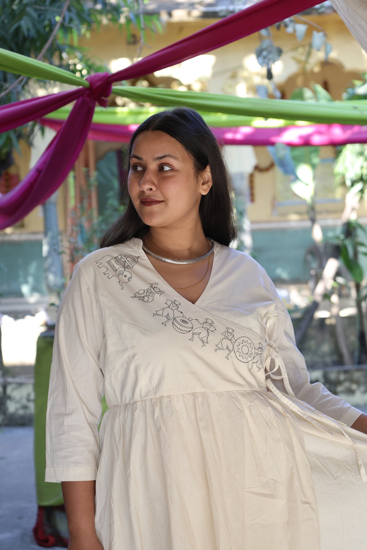 Angrakha Cotton Kurta Set with Saura Hand-Painted Motifs