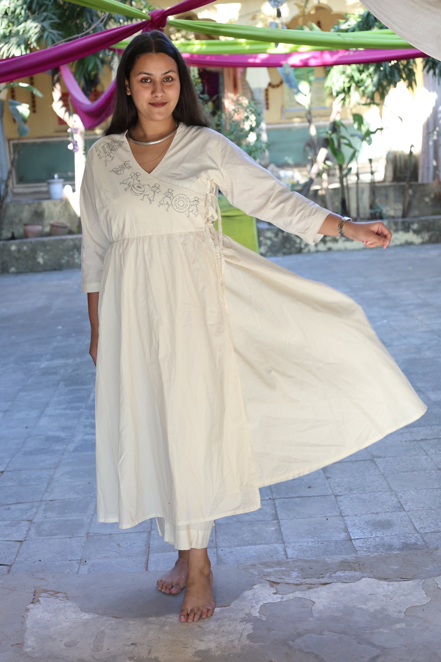 Angrakha Cotton Kurta Set with Saura Hand-Painted Motifs