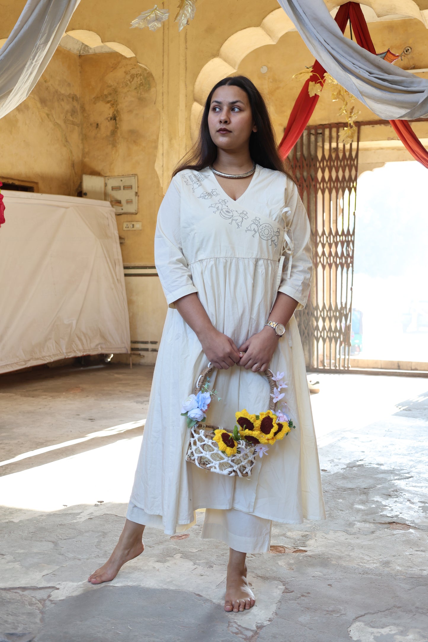 Angrakha Cotton Kurta Set with Saura Hand-Painted Motifs