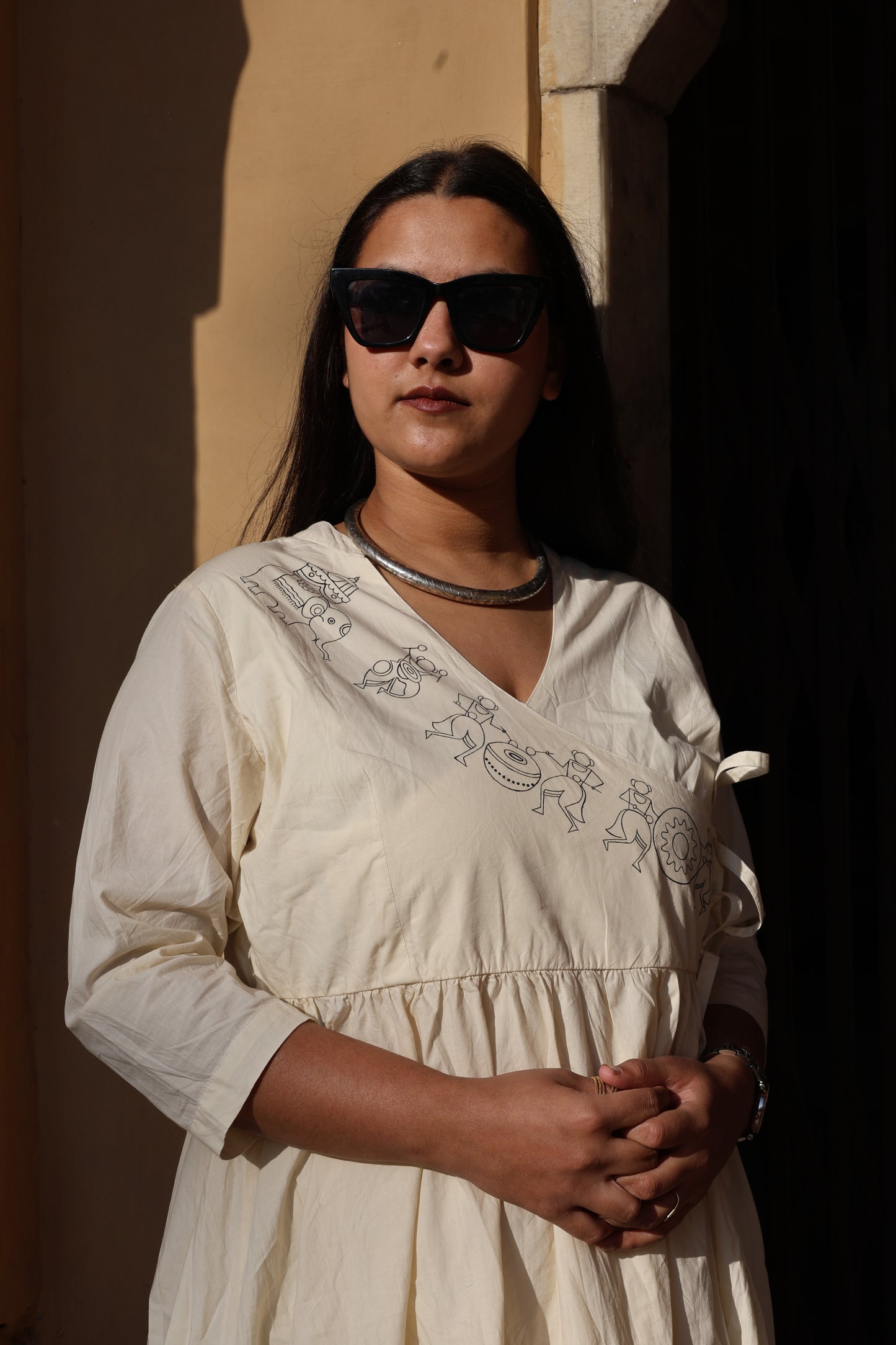 Angrakha Cotton Kurta Set with Saura Hand-Painted Motifs