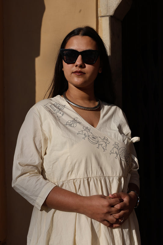 Angrakha Cotton Kurta Set with Saura Hand-Painted Motifs